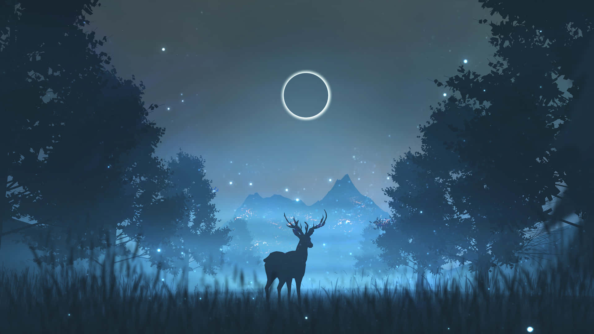 霧氣森林中發光環狀月亮和星星下的剪影鹿