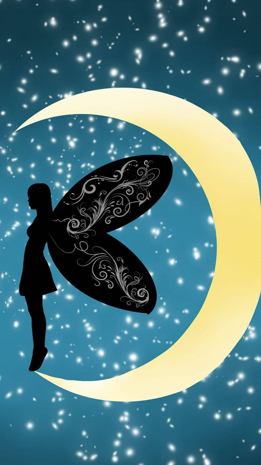帶有裝飾性翅膀的仙女站在繁星夜空中的彎月上。 — 仙子美學動態圖 壁紙