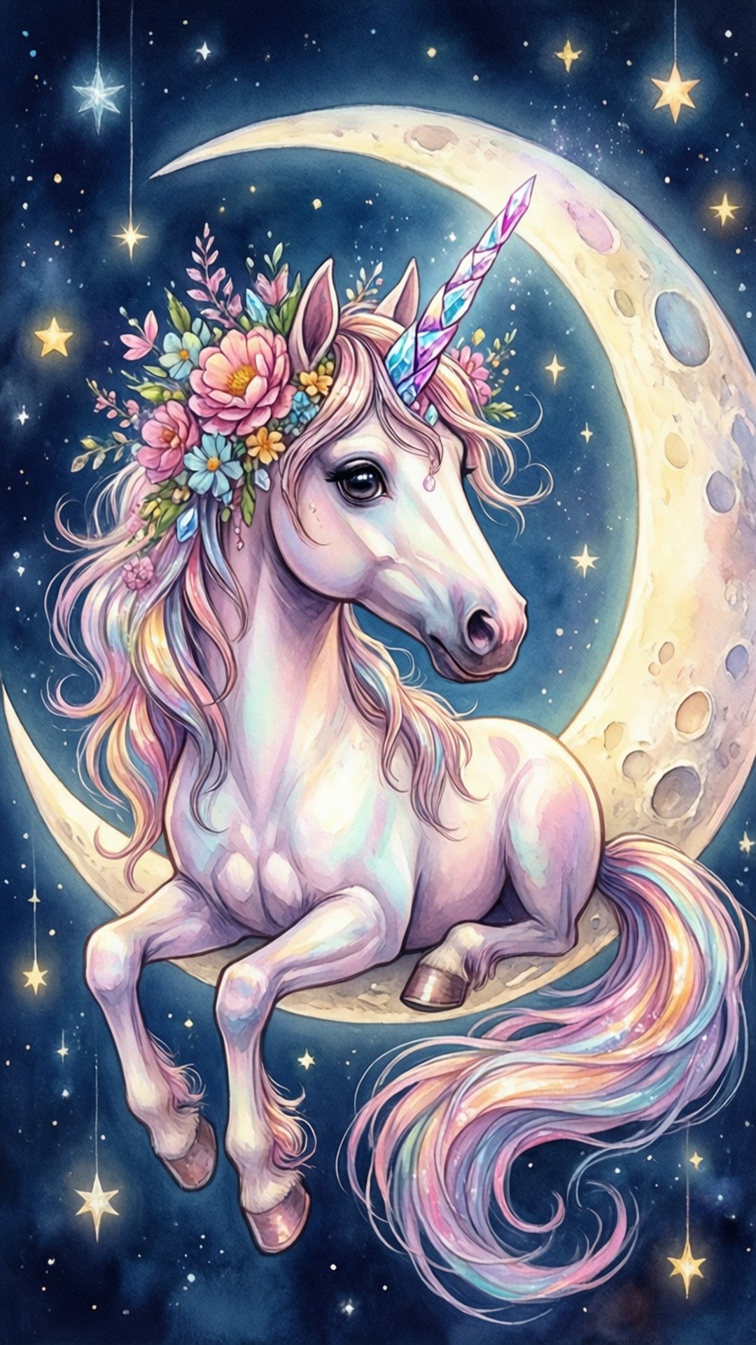 一隻以花朵裝飾的獨角獸坐在被星星環繞的彎月上。