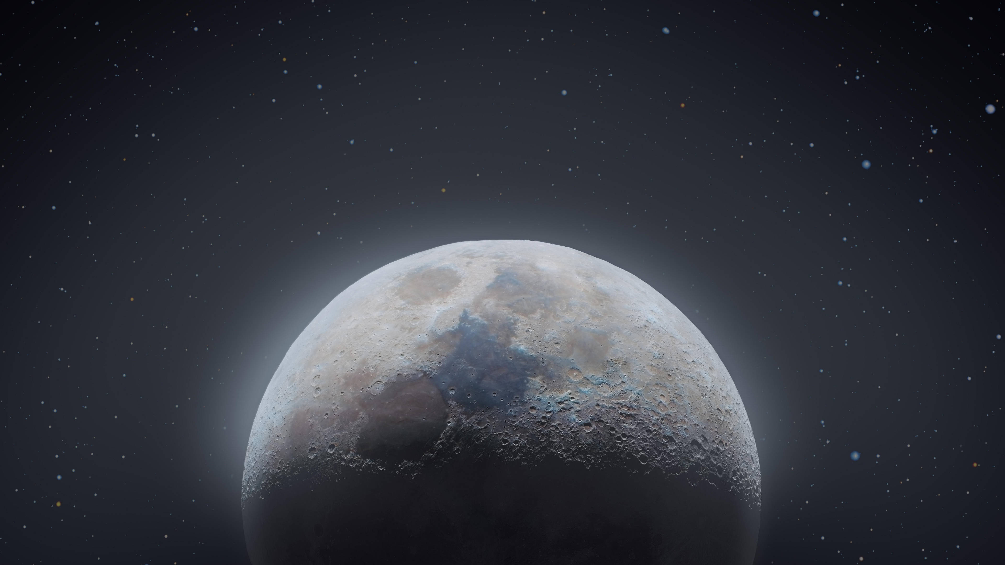 月光偷窺 4K 背景 壁紙 — 月球隕石坑表面的詳細視圖，在深空星場中柔和發光。