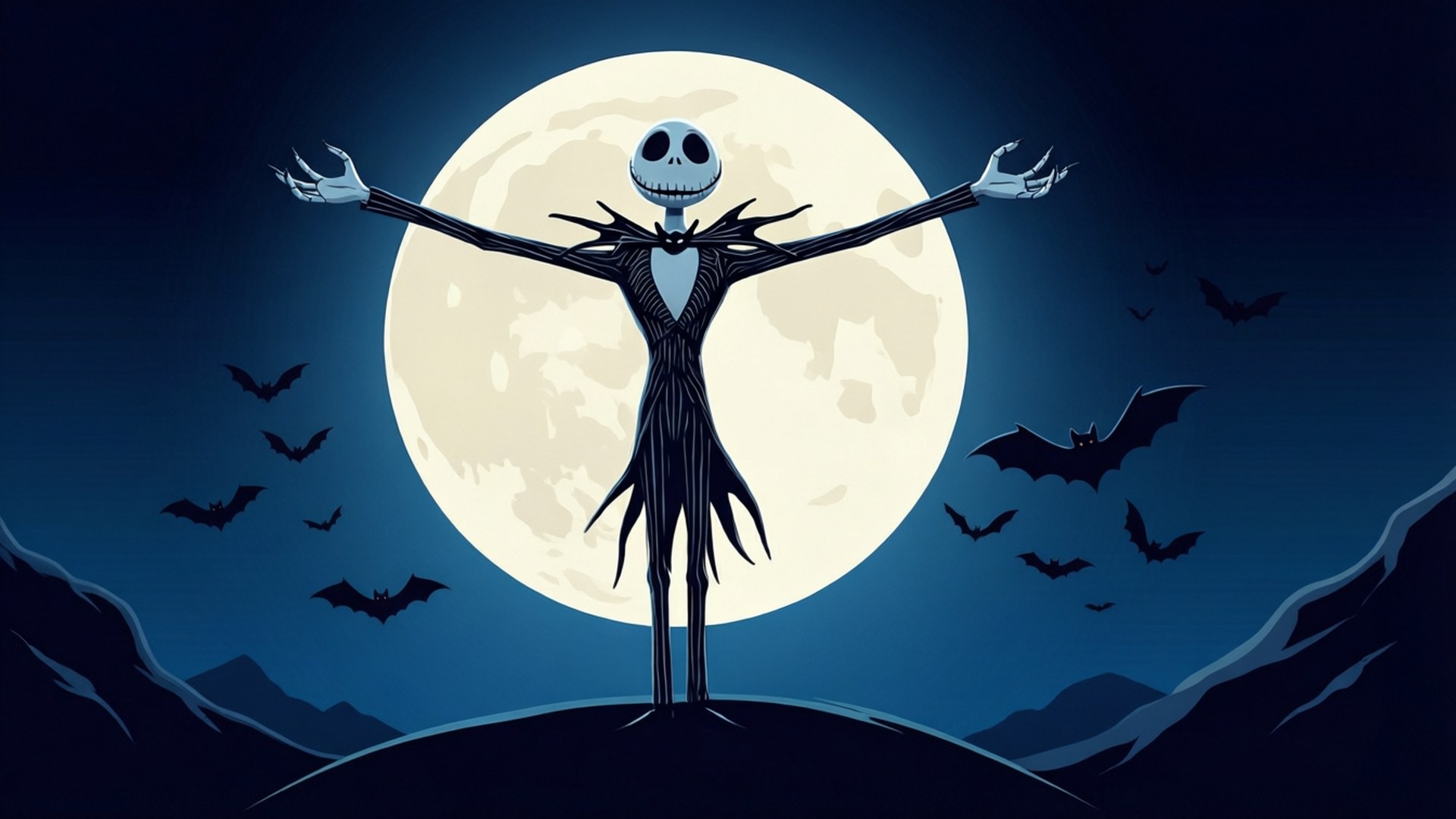 Jack Skellington 喺滿月下嘅山丘上站立，蝙蝠喺周圍飛。