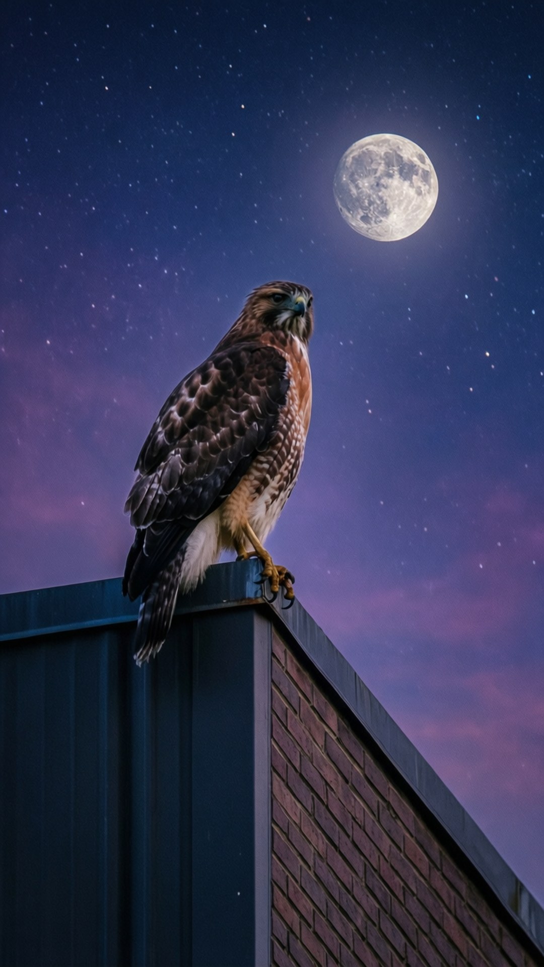 月光守望者 壁紙 — 一隻鷹棲息在磚砌屋頂上，下方是繁星點點的夜空，一輪滿月在上方閃耀。