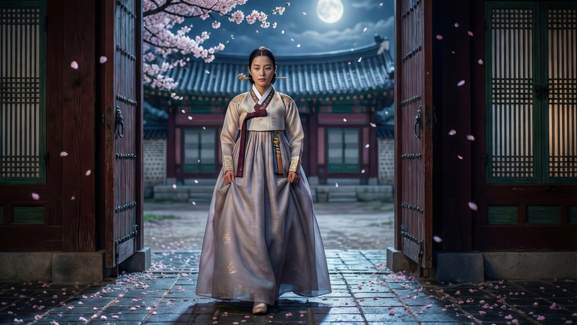 穿著傳統韓國服飾的女士在滿月下走過門，櫻花飄落