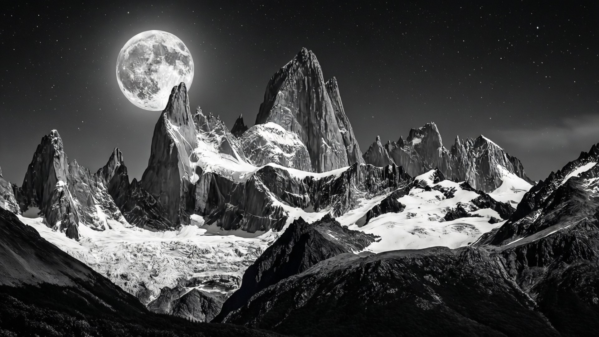 滿月和星空下的雪山。