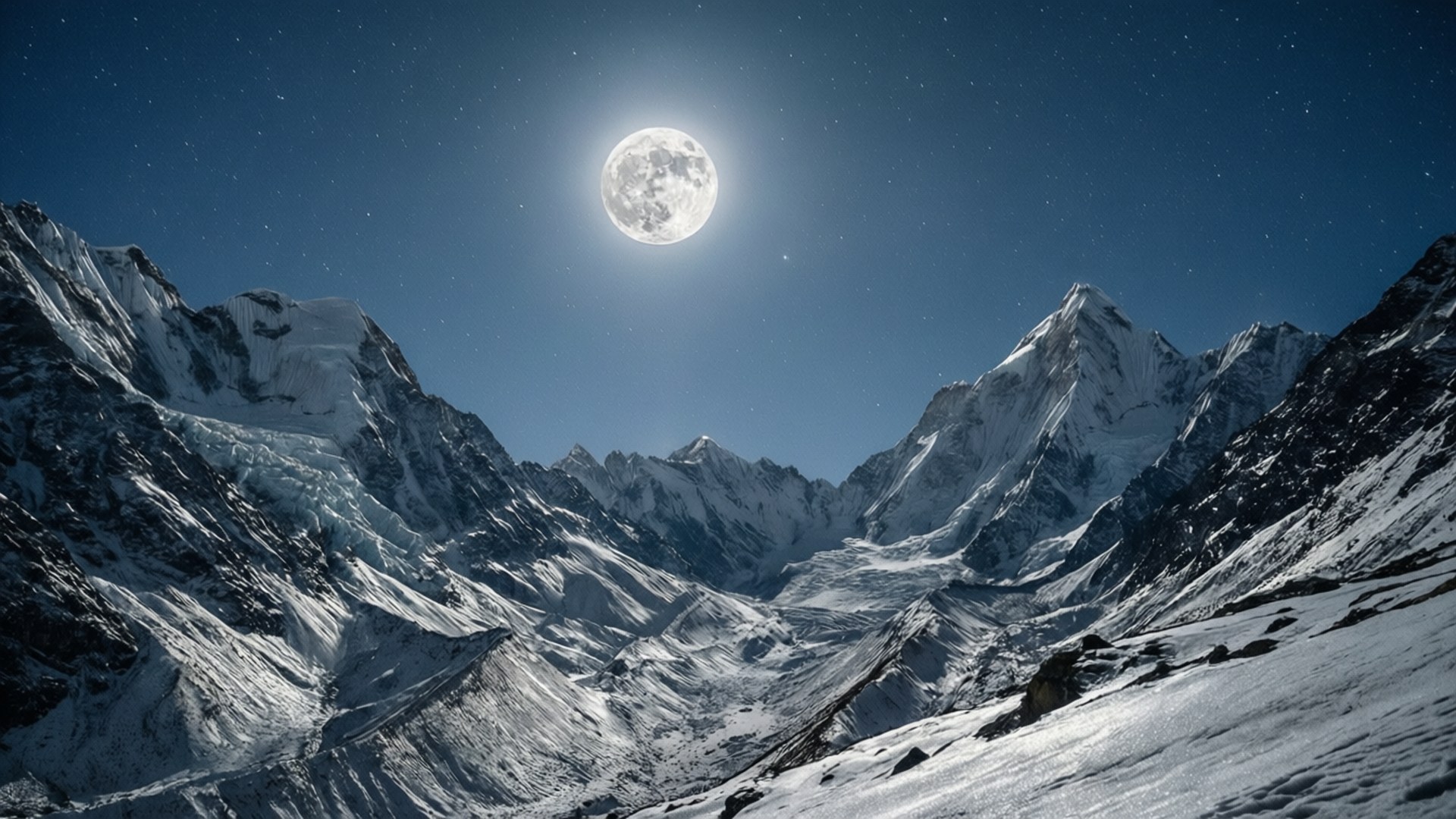 在明亮的滿月和星空下的雪山山脈。