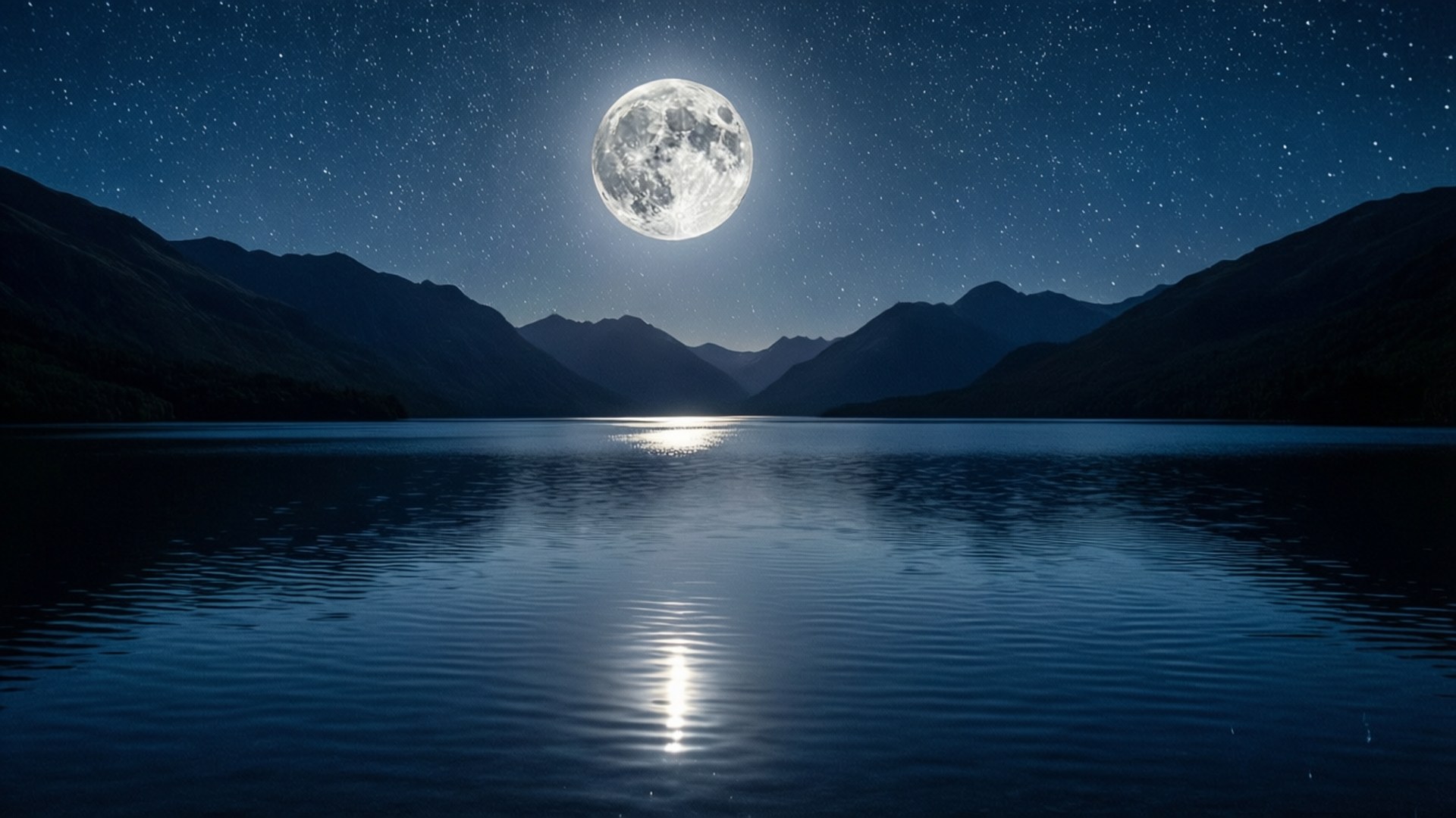 滿月倒映在夜晚平靜的湖面上，周圍環繞著山脈，星空下
