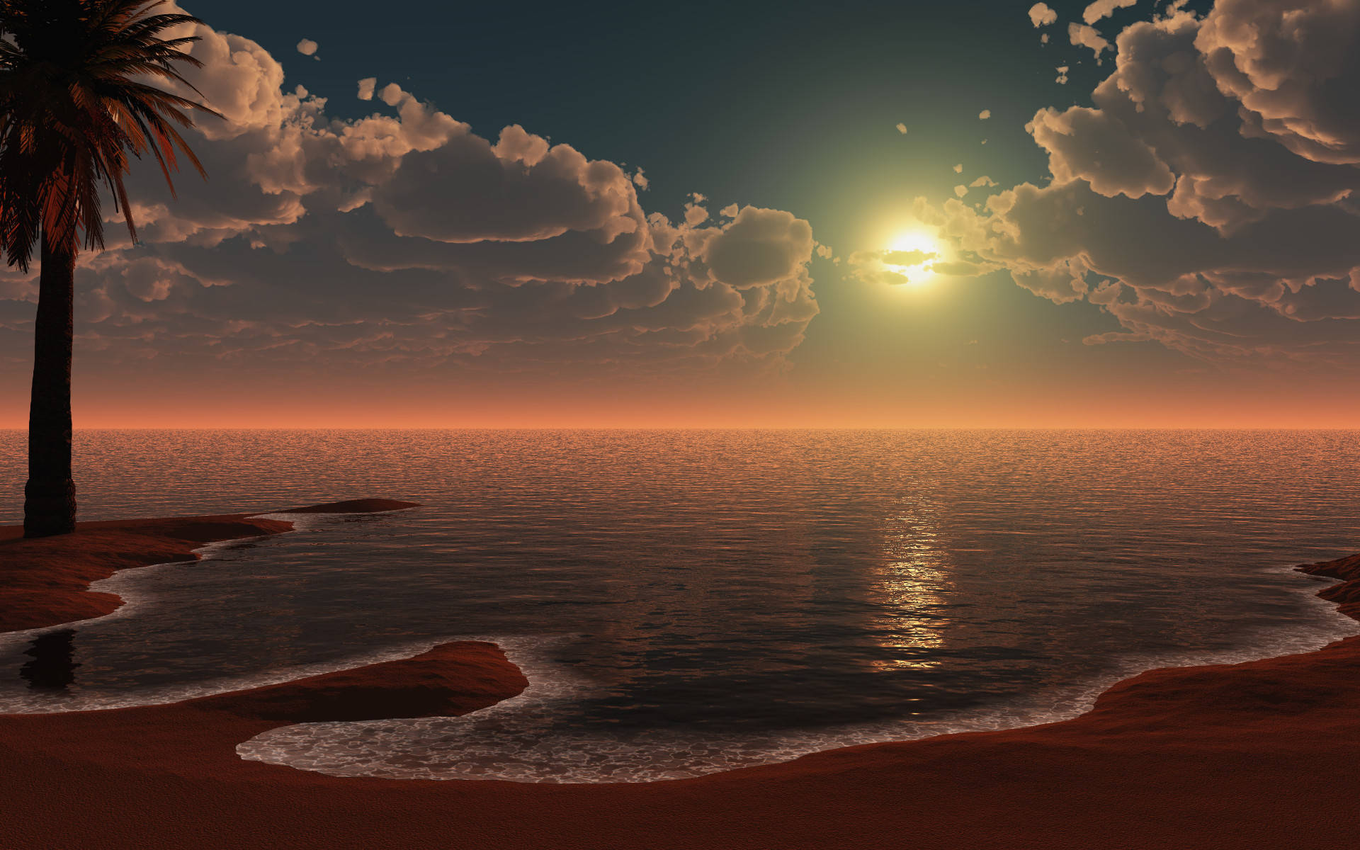 紅色沙灘上的棕櫚樹，夕陽，平靜的海洋和金色的天空