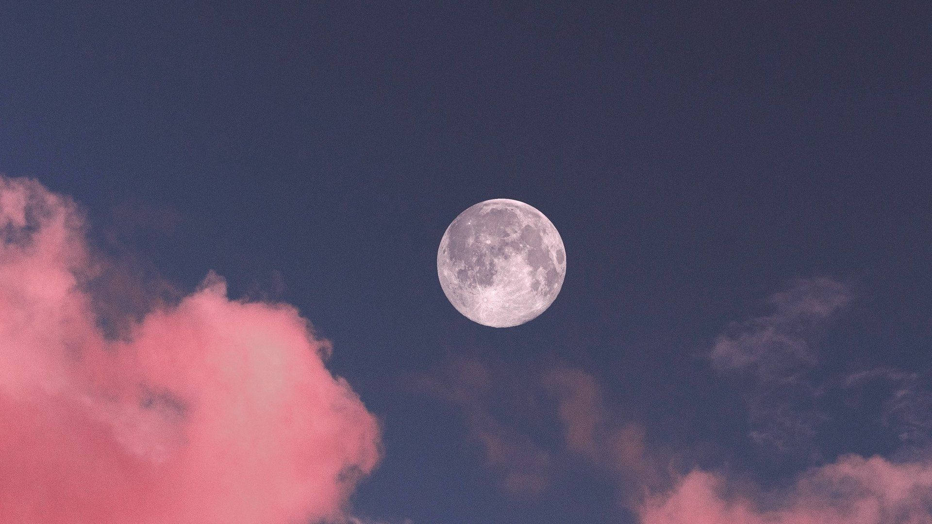 滿月在暮色中從粉紅色雲層上方升起。