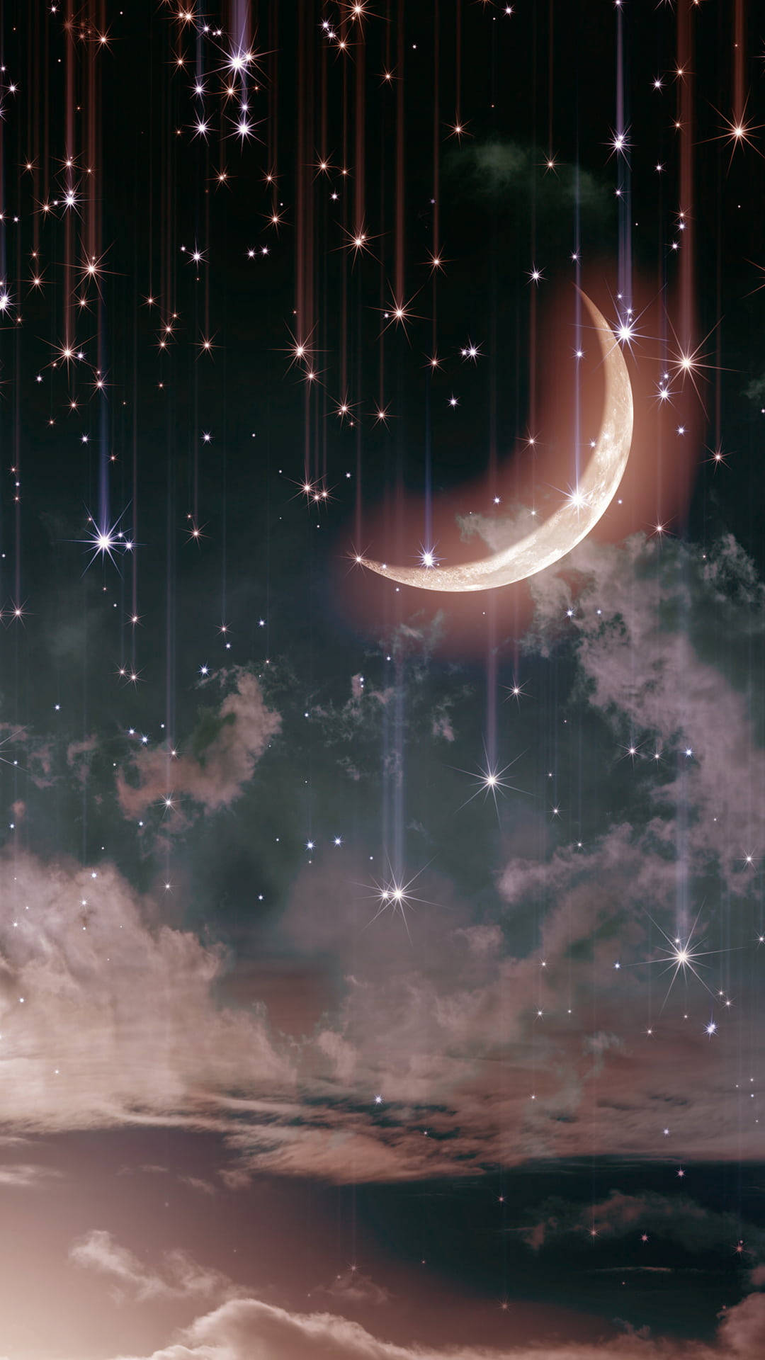 夢幻夜空中新月與流星，伴隨柔軟雲朵。