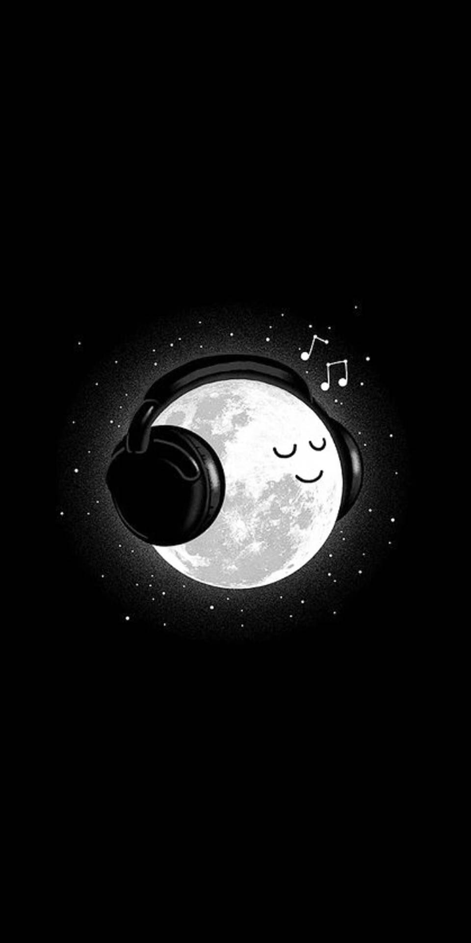 微笑的月亮戴著耳機，音符在繁星點點的夜空中飄浮。