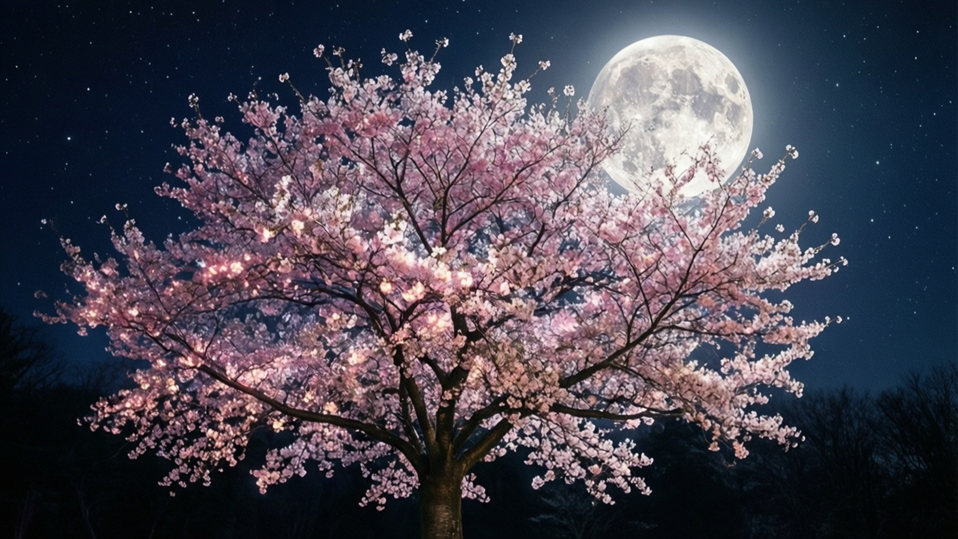 櫻花樹在滿月下閃耀，星空之夜。