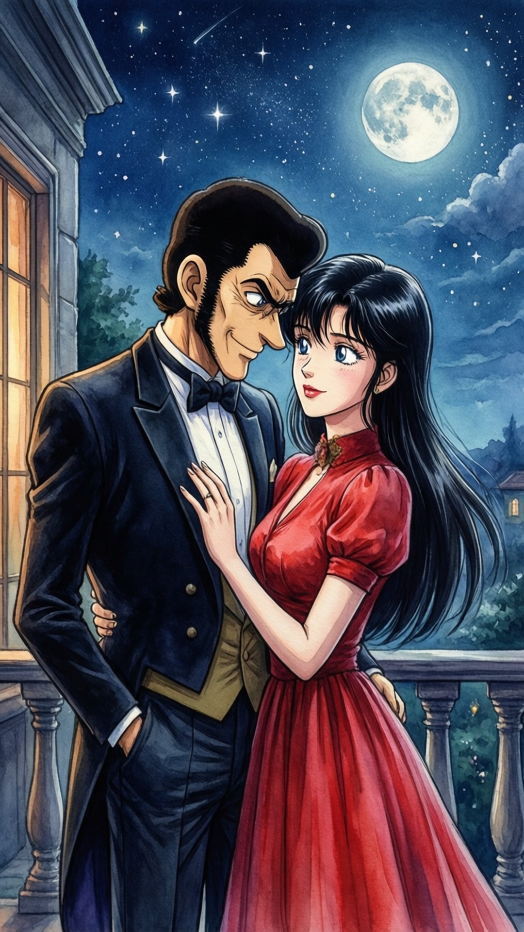 月光浪漫 壁紙 — 一個穿著燕尾服的男人和一個穿著紅色連衣裙的女人在月光下的陽台上擁抱，背景是星空。