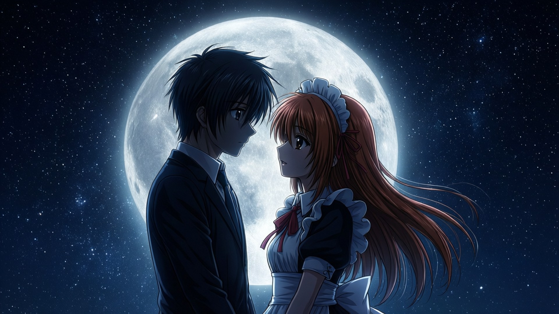 動漫男孩和女孩穿著正式服裝，在繁星點點的夜晚於滿月下互相凝視。