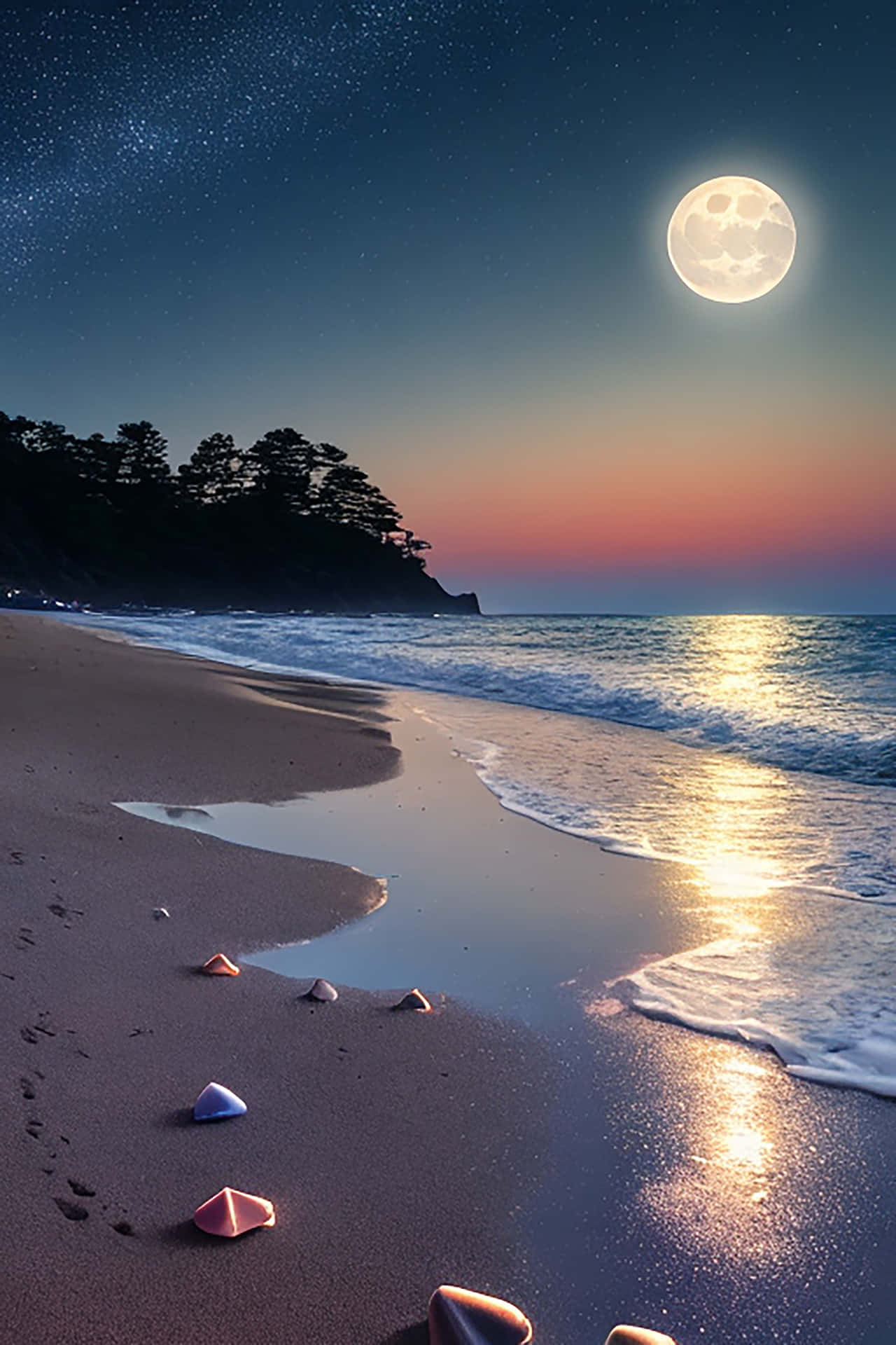 月光下的海灘，溫柔的海浪和散落的貝殼，星空之下。