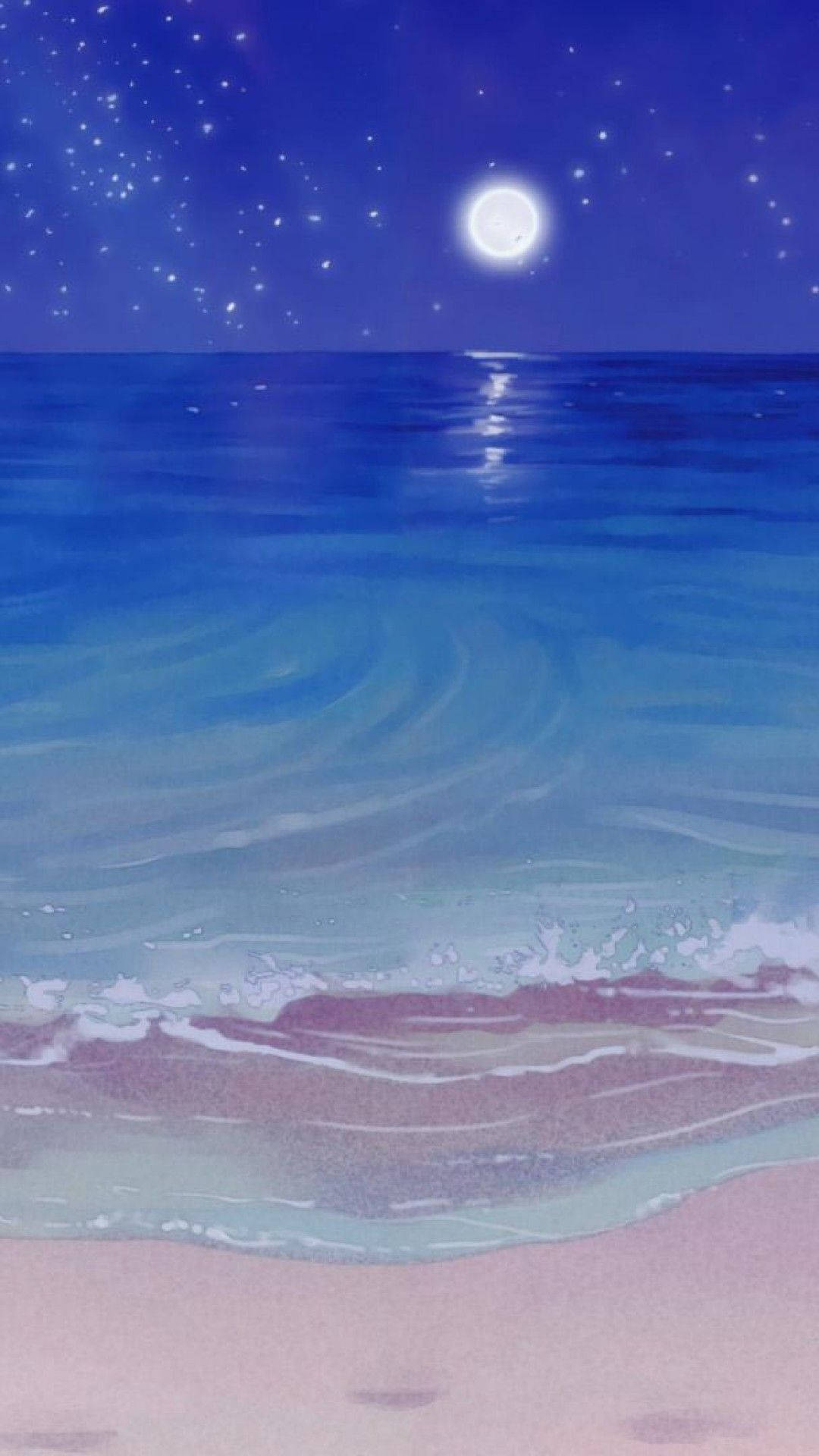 月光灑海灣動畫手機壁紙 壁紙 — 在星空下，月光照耀的海洋場景，溫柔的海浪沖刷著粉紅色的沙灘。