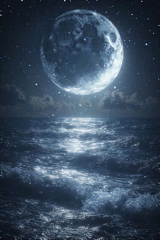 在星空下，一輪大月亮映照在黑暗的海洋上