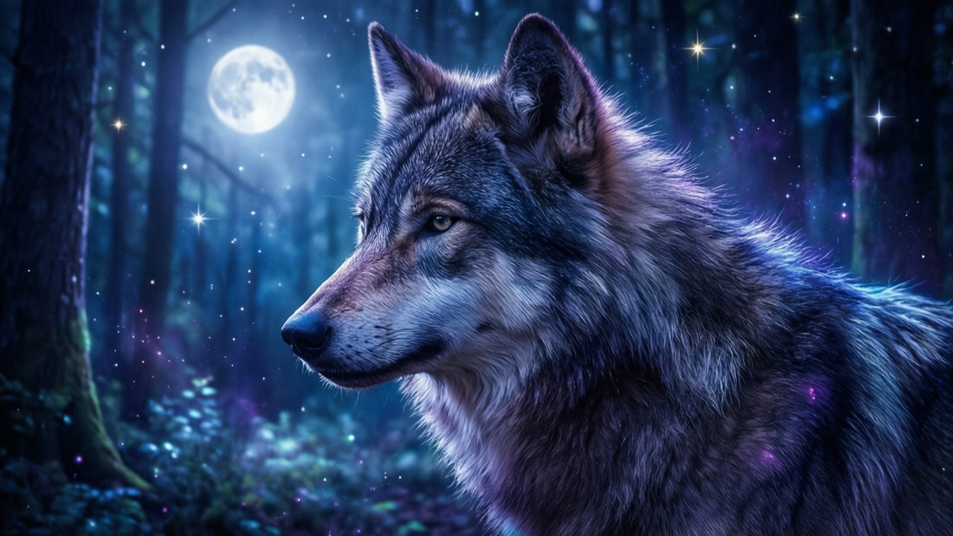 月光狼人 壁紙 — 一隻雄偉的狼在閃爍的星空下，於神秘的森林中凝視遠方，月光皎潔。