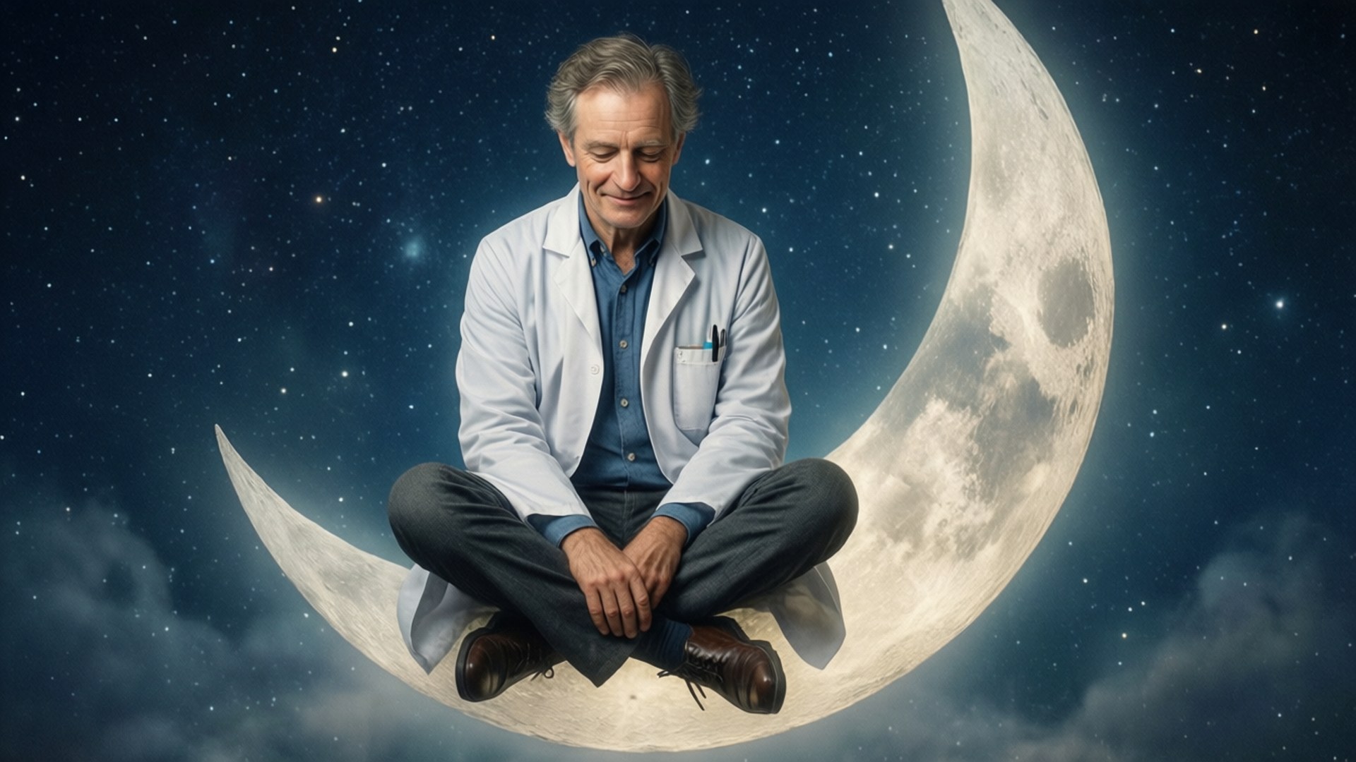 一位科學家在星空下新月上平靜地冥想。
