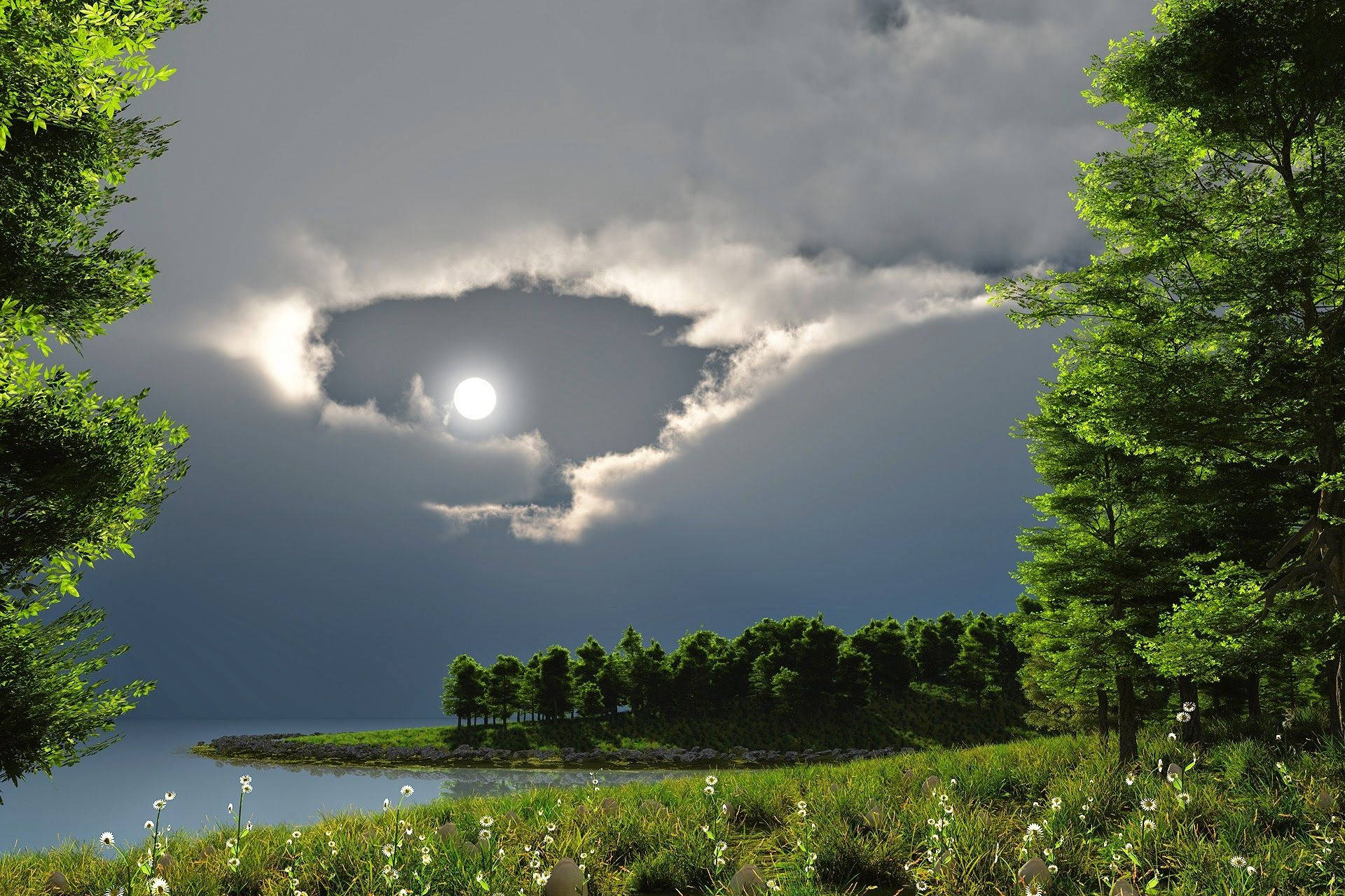 月光穿雲綠野 壁紙 — 月光穿透戲劇性的雲層，照耀在一個被茂密綠樹和野花環繞的寧靜湖泊之上。
