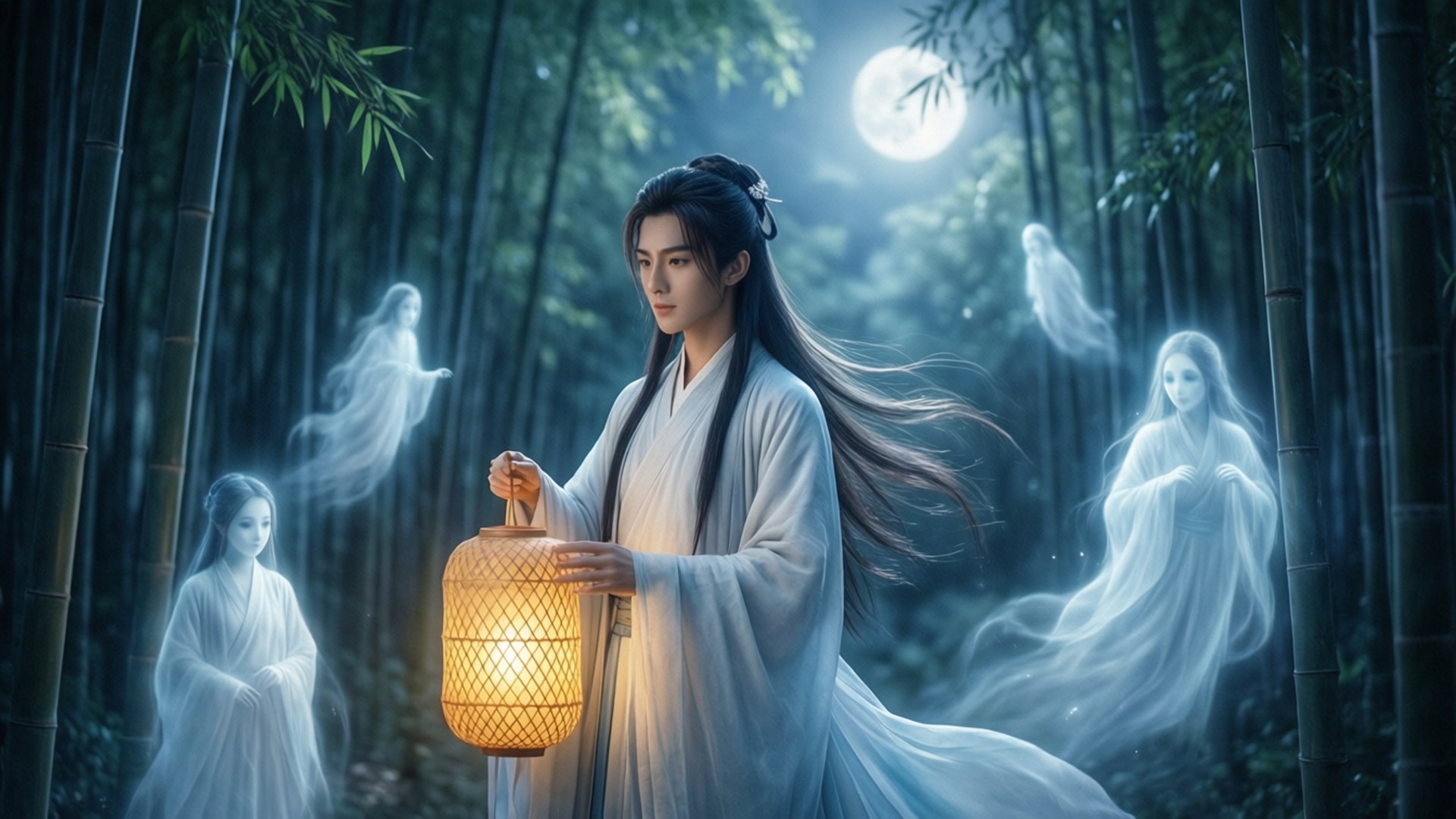 月光竹林守護者 壁紙 — 一個身穿飄逸白袍的男人在月光下的竹林裡手持發光燈籠，周圍環繞著半透明的鬼影。