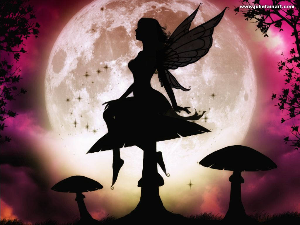 仙女剪影在蘑菇上，下方是魔法夜空中的發光月亮。