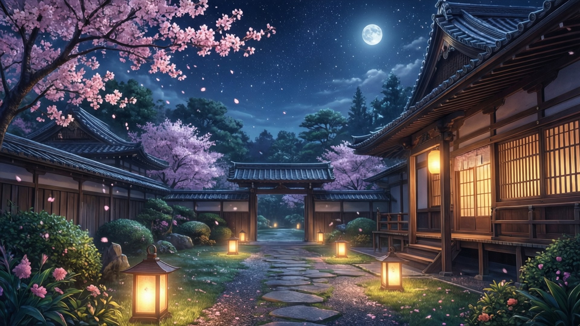 傳統日本庭園夜景，滿月下燈籠閃爍，櫻花飄落。
