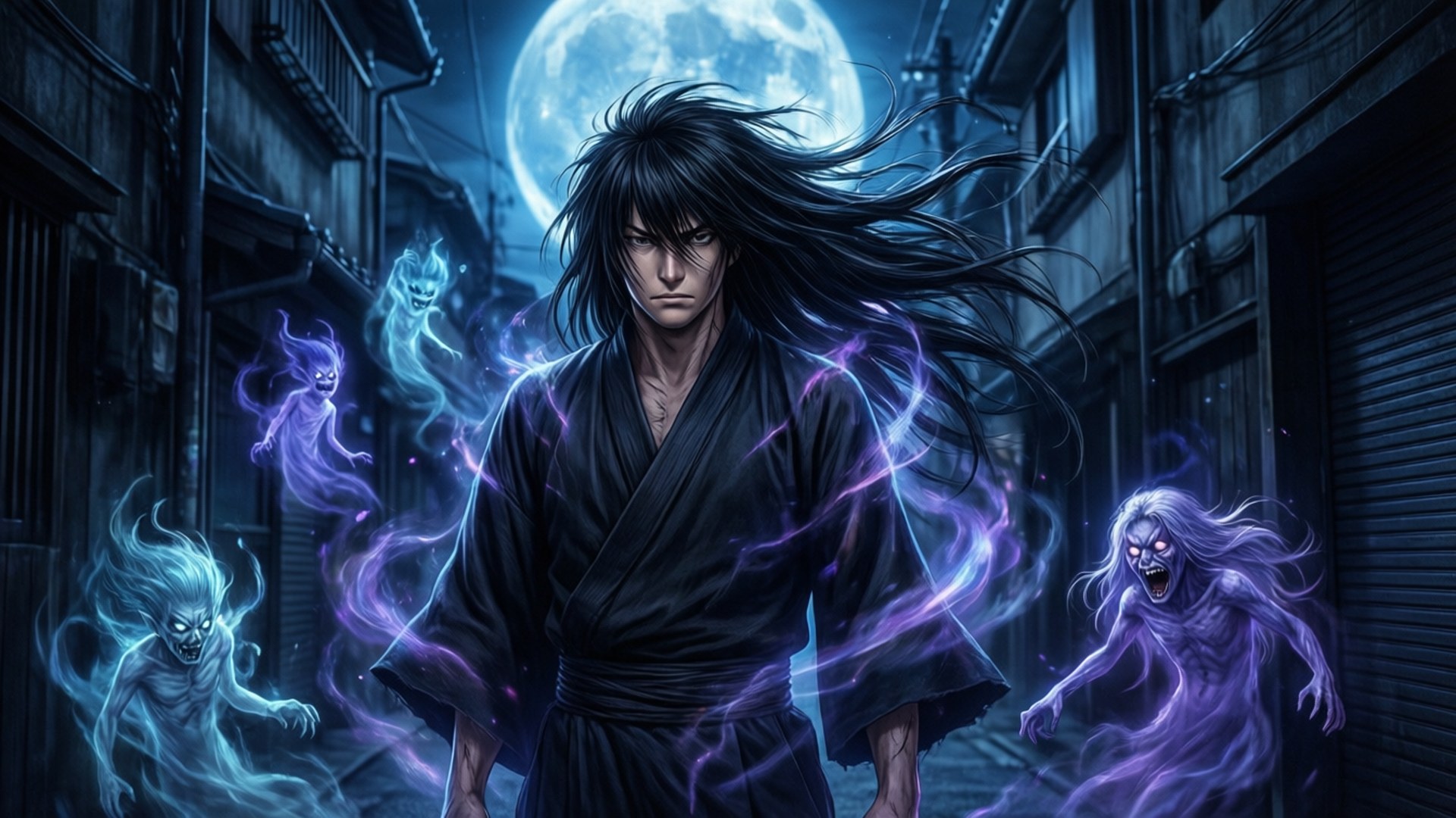 月光詛咒之主 壁紙 — 一位黑髮武士身穿黑色長袍，在月光照耀的小巷中挑釁地站立，發光的紫色和藍色靈魂在他周圍旋轉。