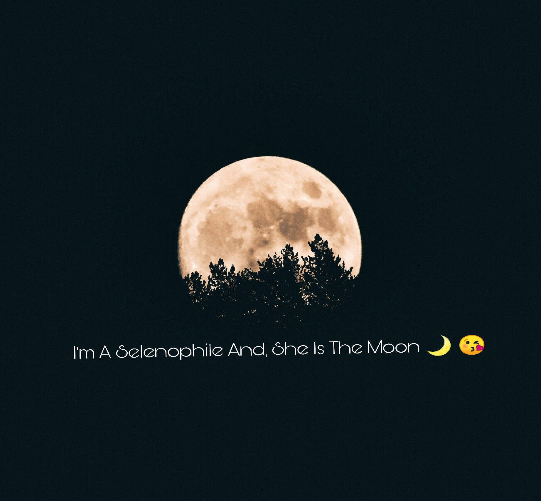 滿月在樹木剪影後升起，帶有文字「I'm A Selenophile And, She Is The Moon」和表情符號。