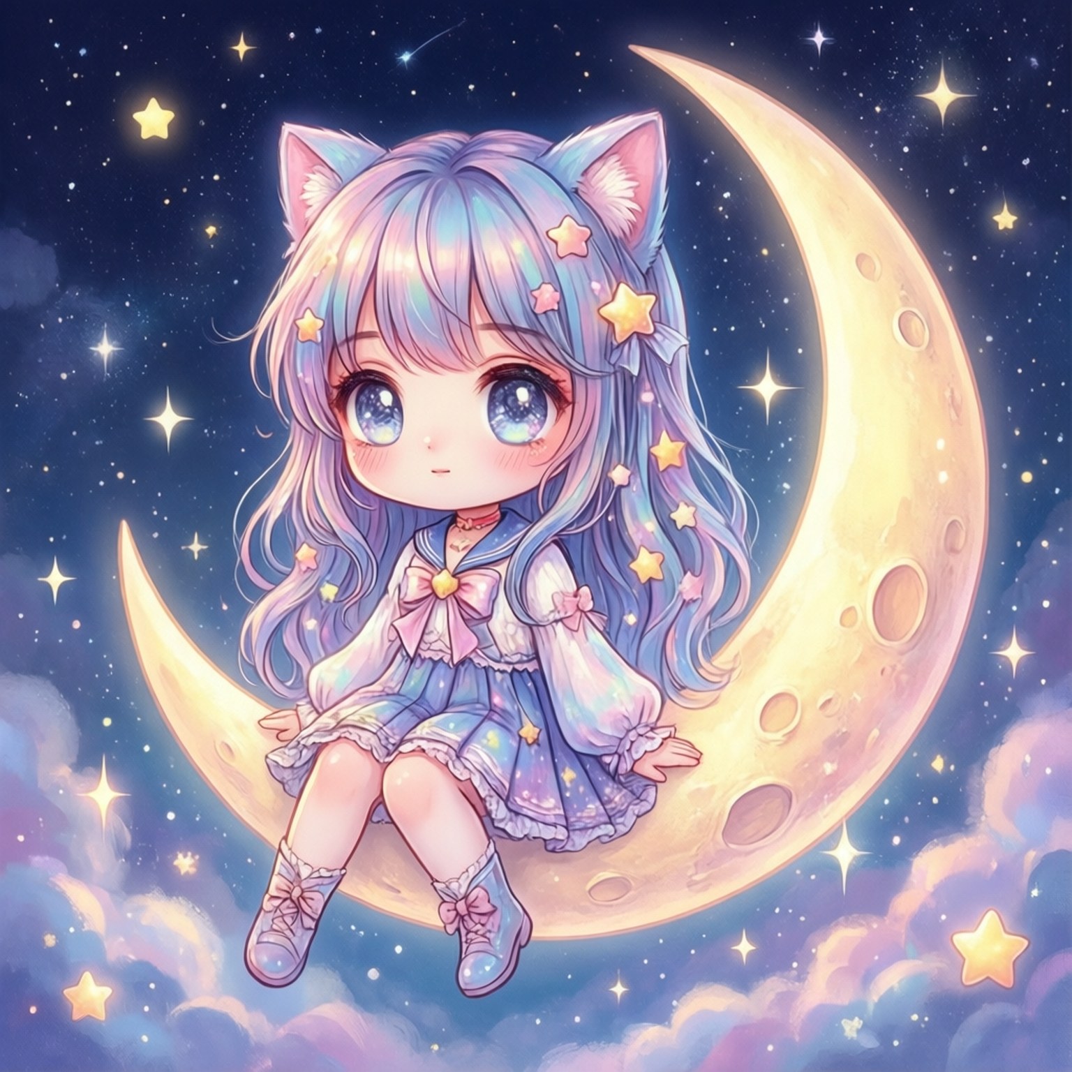 月光貓咪夢 壁紙 — 一個可愛的動漫女孩，長著貓耳朵和星星頭髮，坐在發光的彎月上，周圍環繞著閃爍的星星和柔和色調的雲朵。