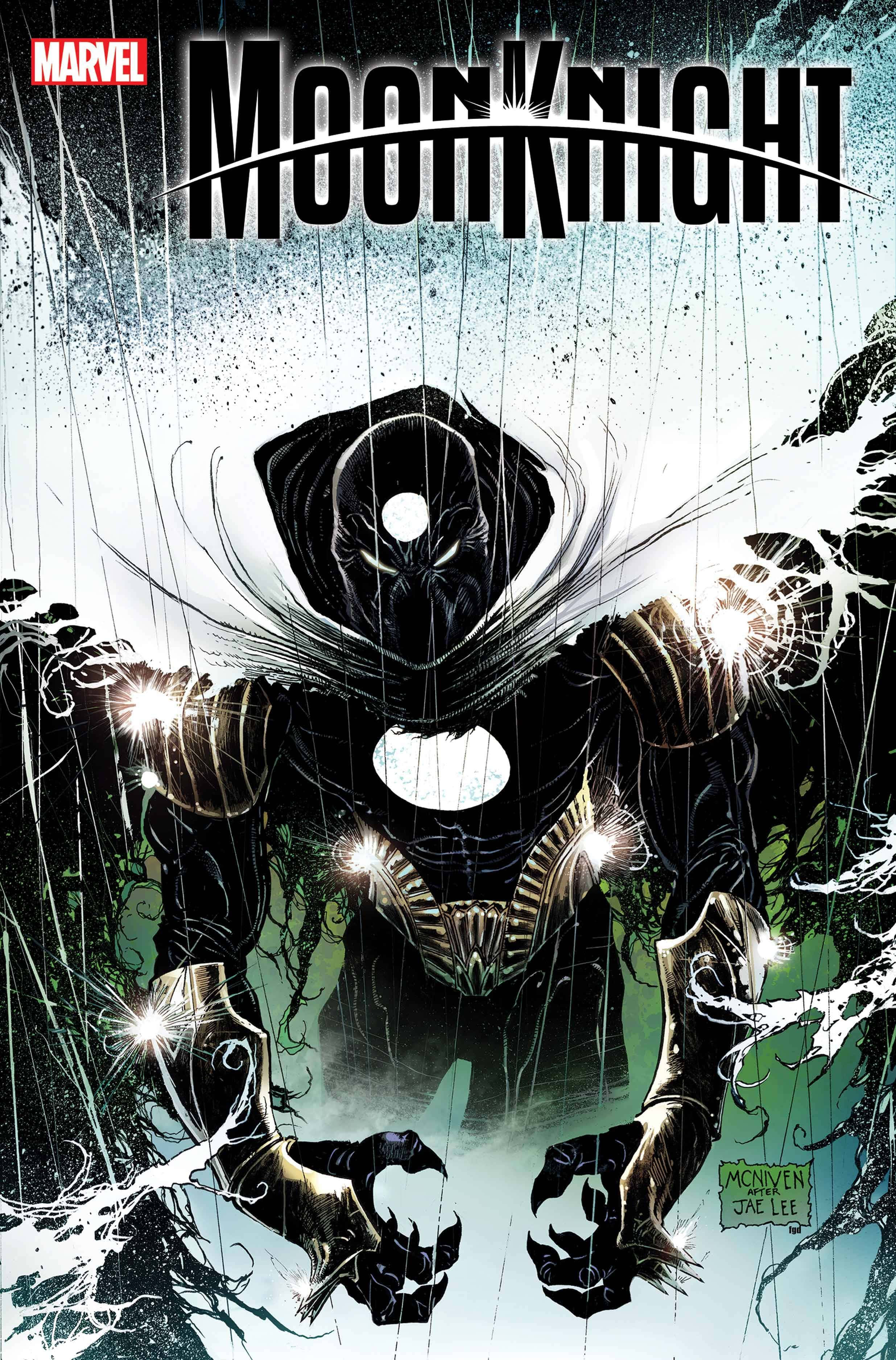 Moon Knight 桌布 壁紙 — 月光騎士站在暴風雨、雨水飛濺的場景中，擁有發光的白色眼睛和爪子，周圍環繞著深綠色藤蔓和白色能量爆發。