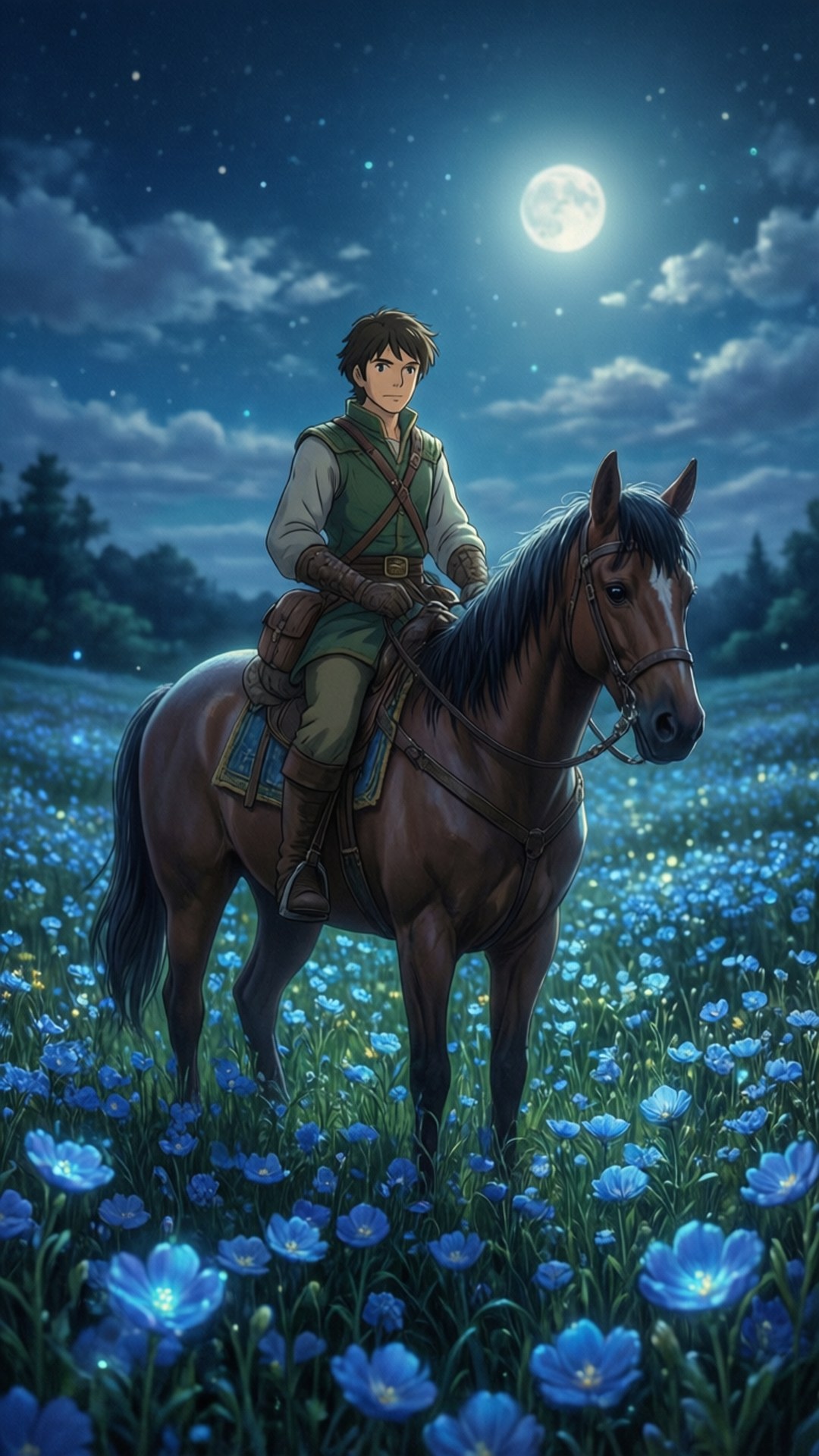 年輕騎士騎馬在發光藍色花田中，滿月星空下