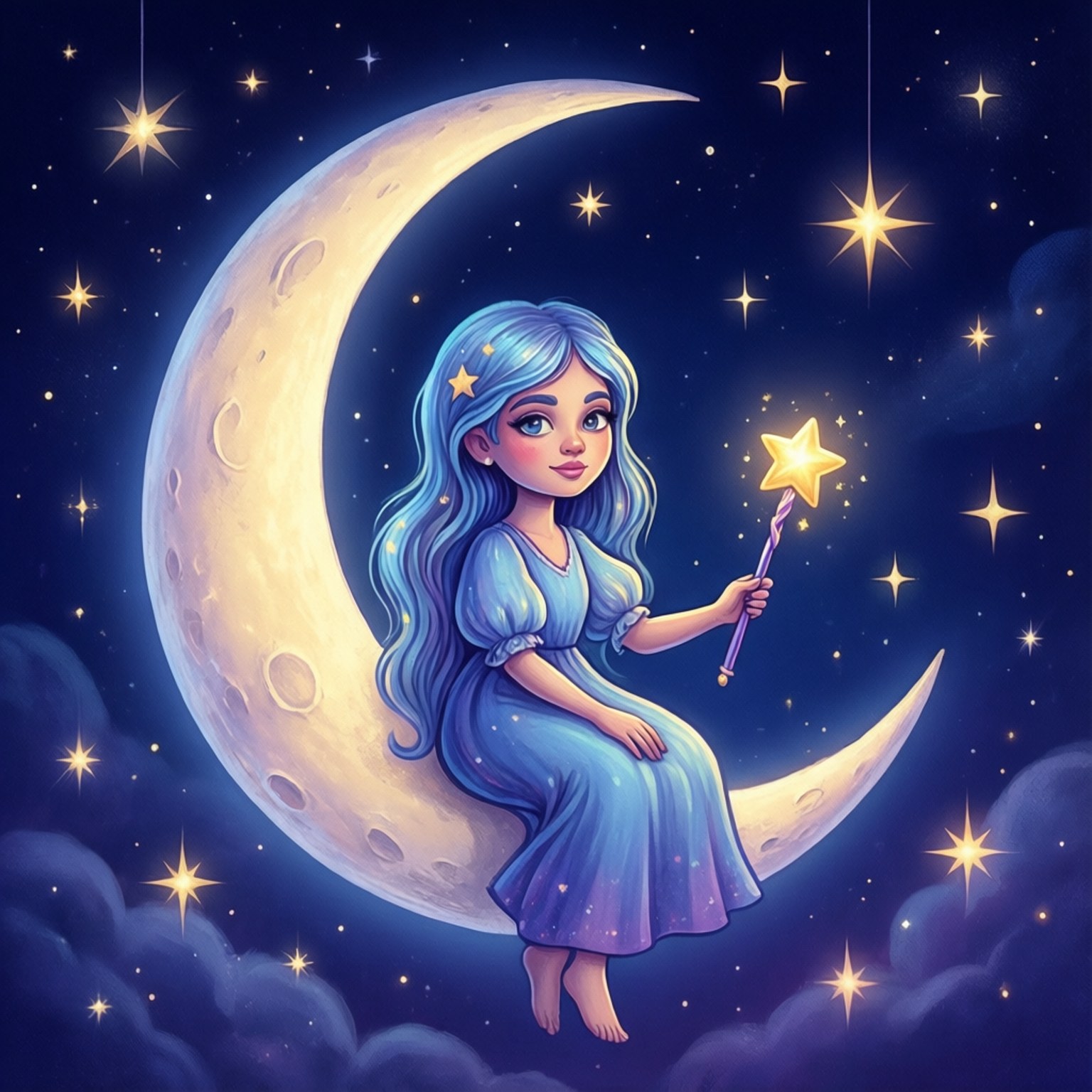 月光魔法 壁紙 — 一個藍髮女孩穿著藍色連衣裙坐在新月上，在星空下拿著發光的星星魔杖。