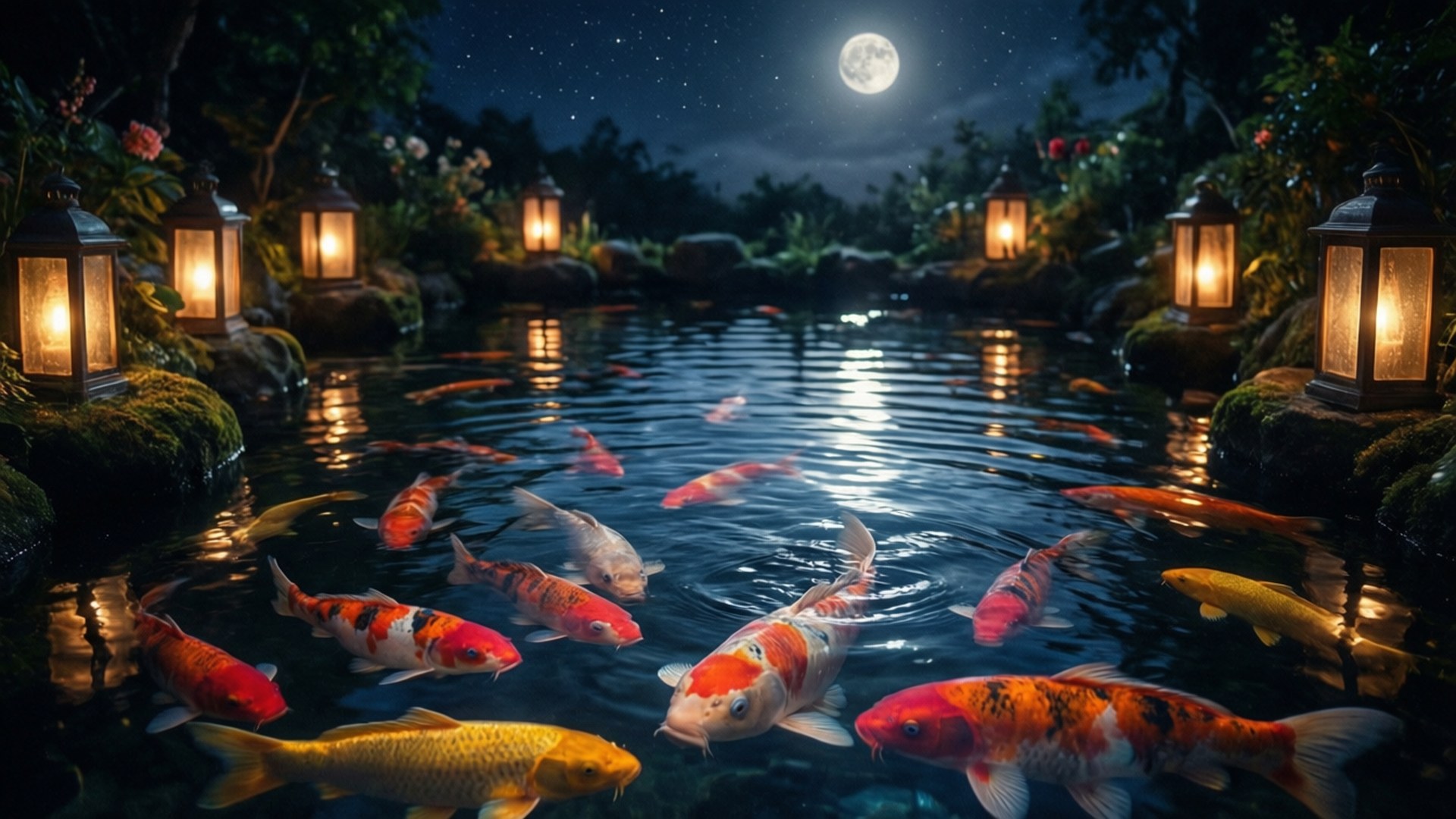月光鯉魚夢 壁紙 — 色彩繽紛的錦鯉在月光照耀的池塘中平靜地游動，周圍是發光的燈籠和茂密的樹葉，在繁星點點的夜空下。