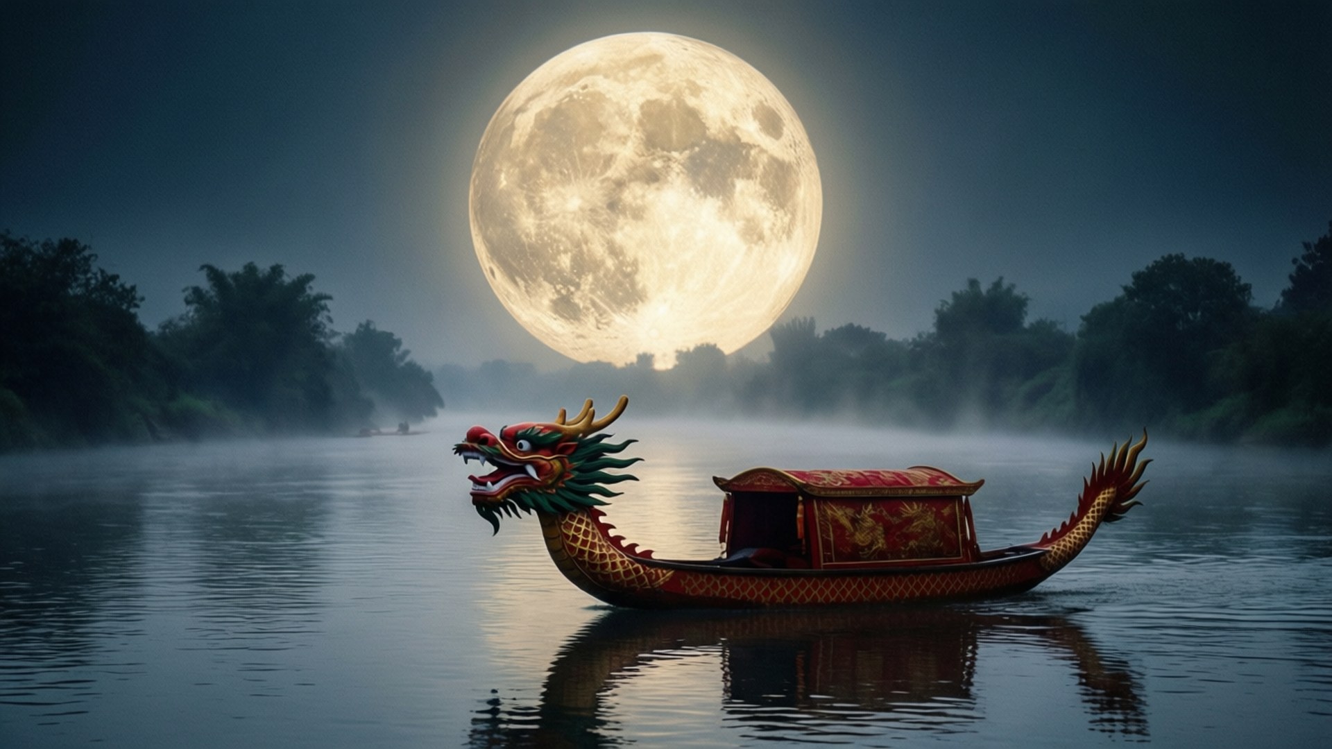 神祕場景，龍舟在皎潔滿月下悠然滑行。