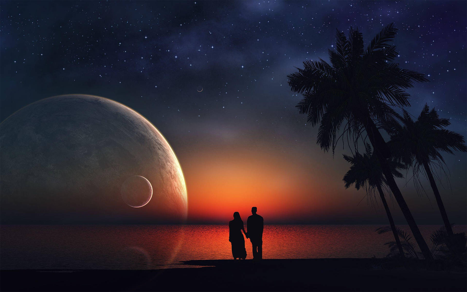 剪影情侶在巨大行星和星空下的海灘上牽手。