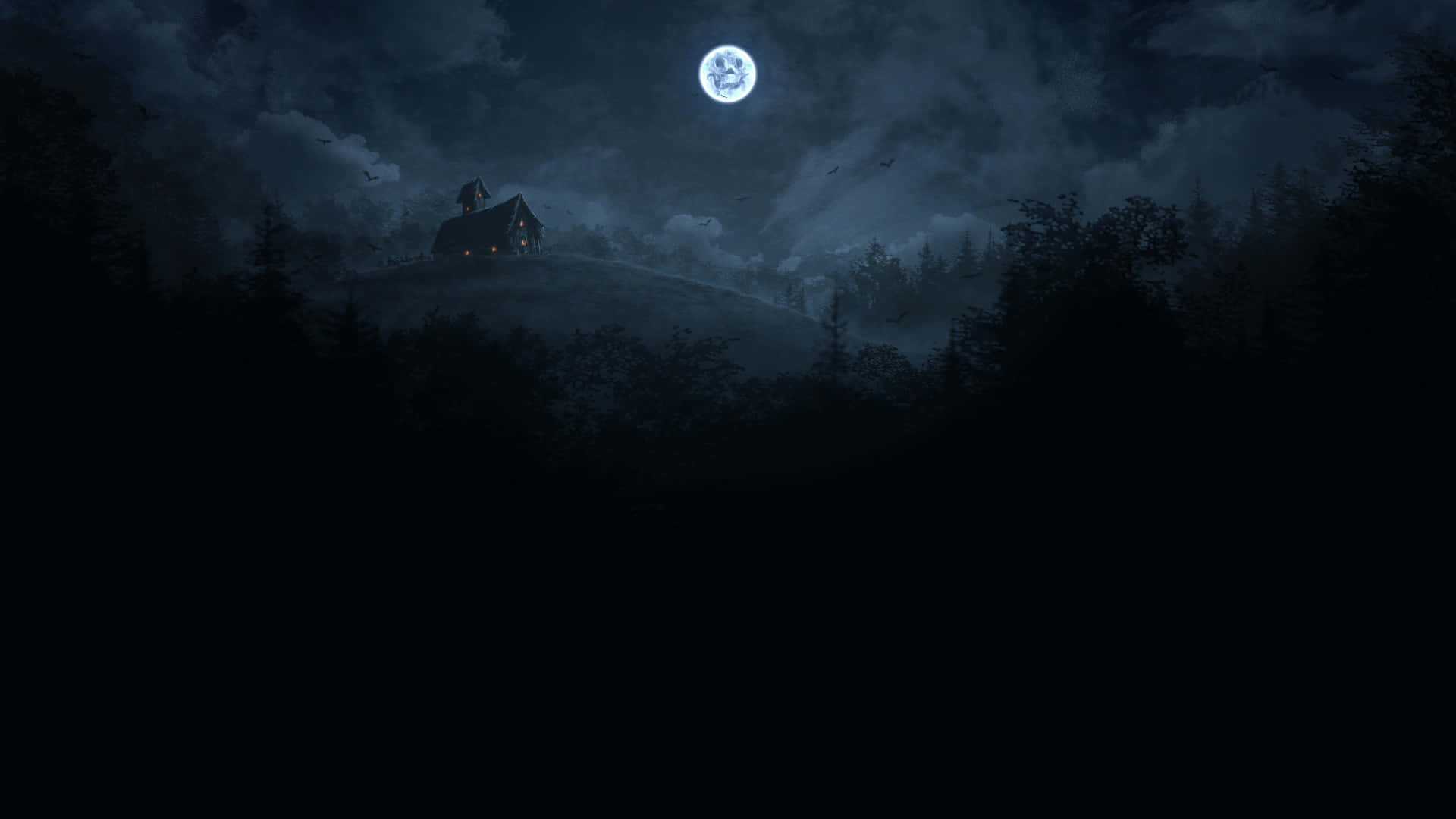 月夜下的昏暗房屋場景 壁紙