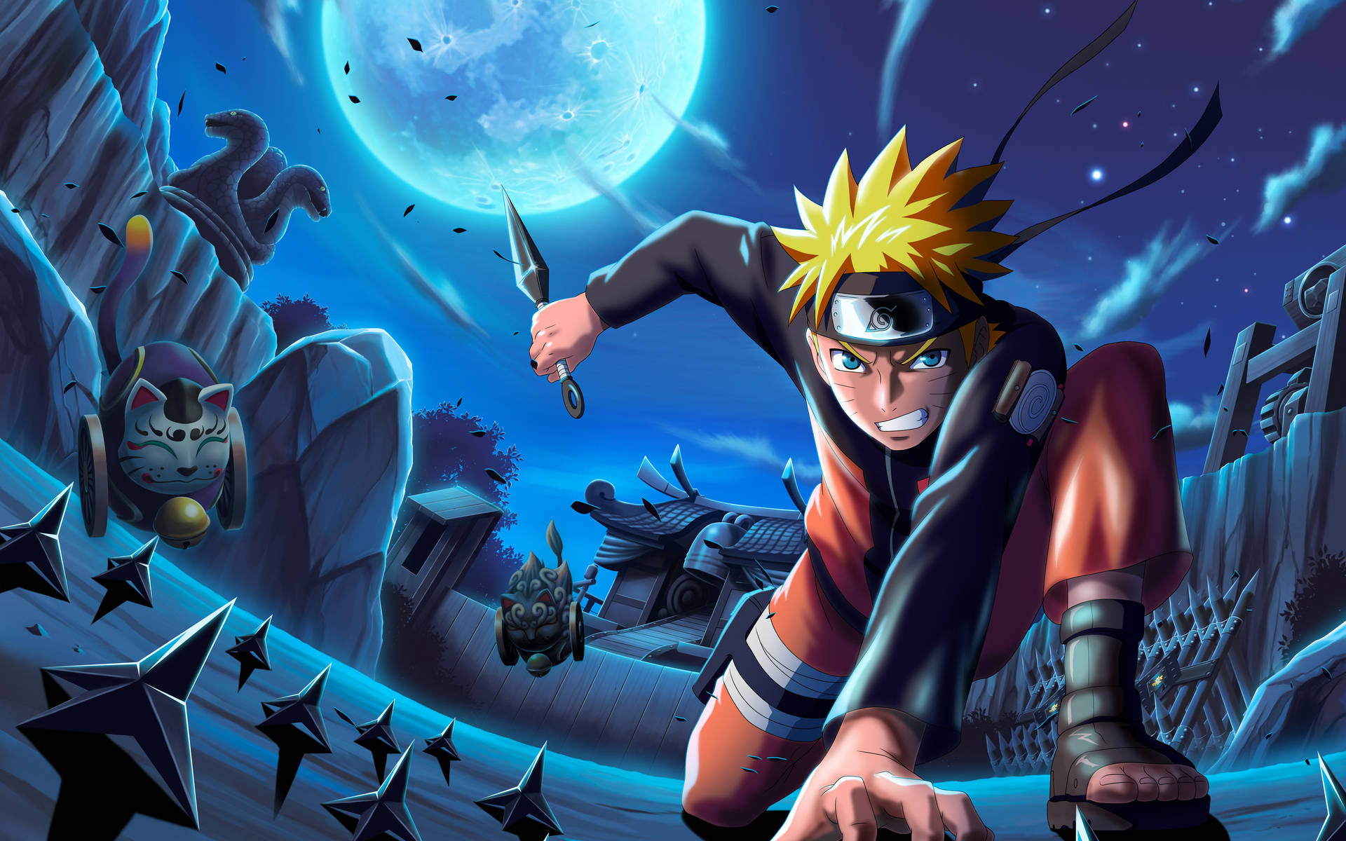 Naruto 在滿月下進行忍者攻擊，手裏劍飛舞。