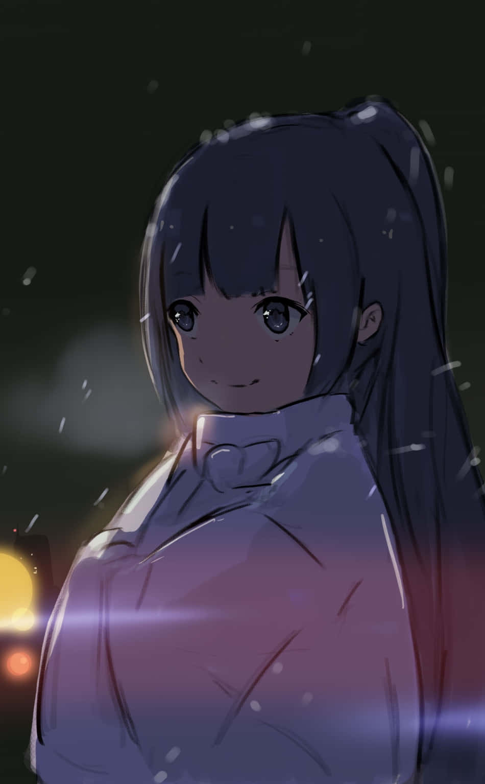 夜晚雪中的動漫女孩，溫暖的路燈光