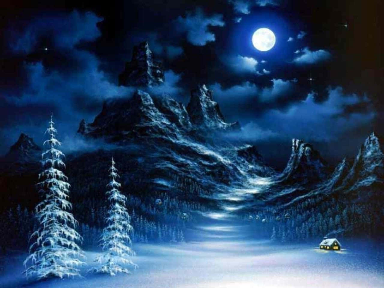 滿月下發光的雪覆蓋山間小屋，周圍有結霜的松樹。