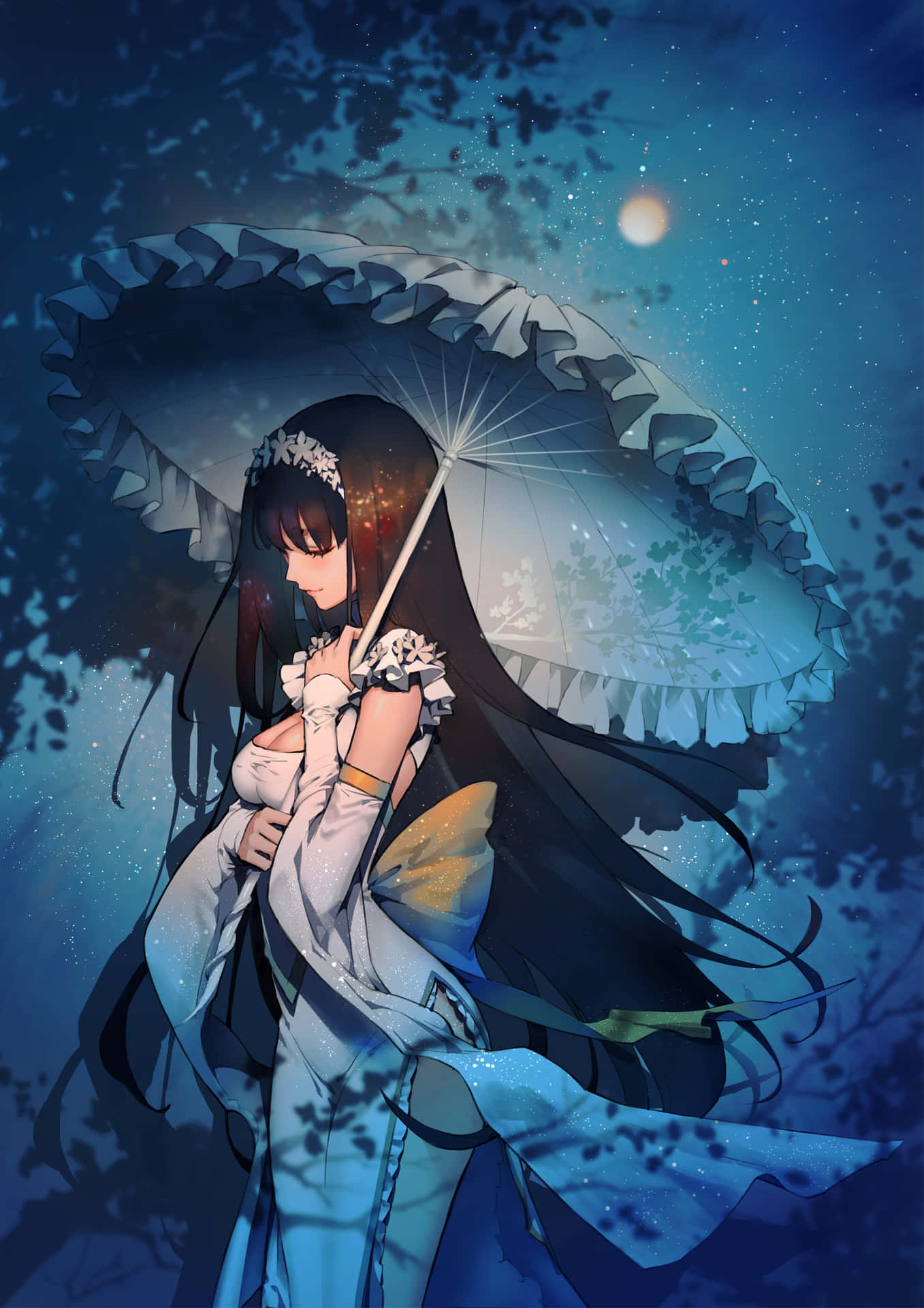 動漫女孩在繁星點點的夜空下拿著一把褶邊陽傘，月亮閃閃發光。