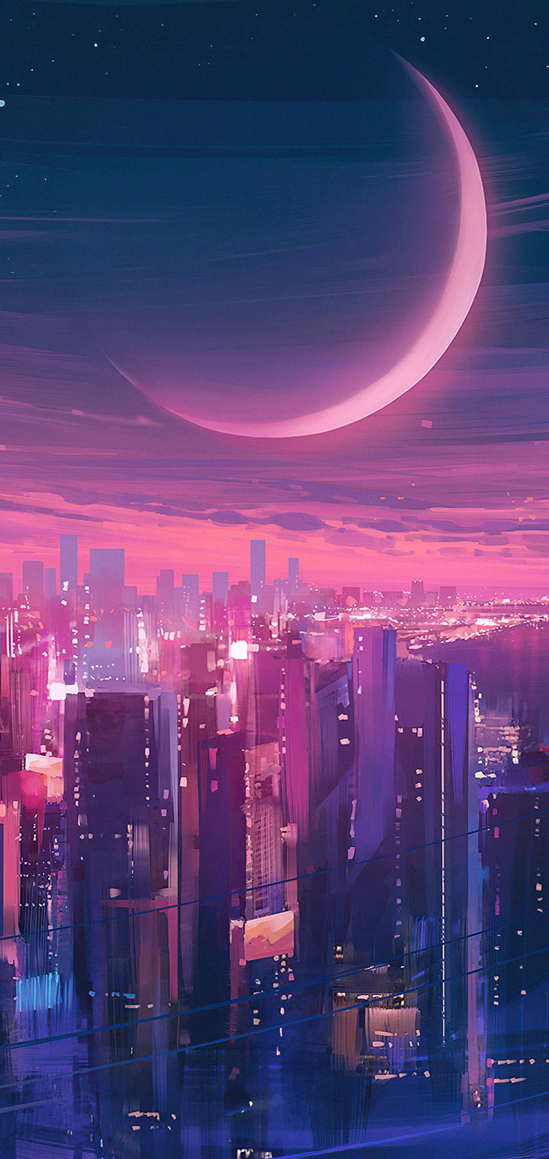 月夜城市風景手機壁紙 壁紙 — 在暮色中，一座未來主義的城市景觀沐浴在霓虹粉紅和紫色調中，下方是一輪發光的彎月。