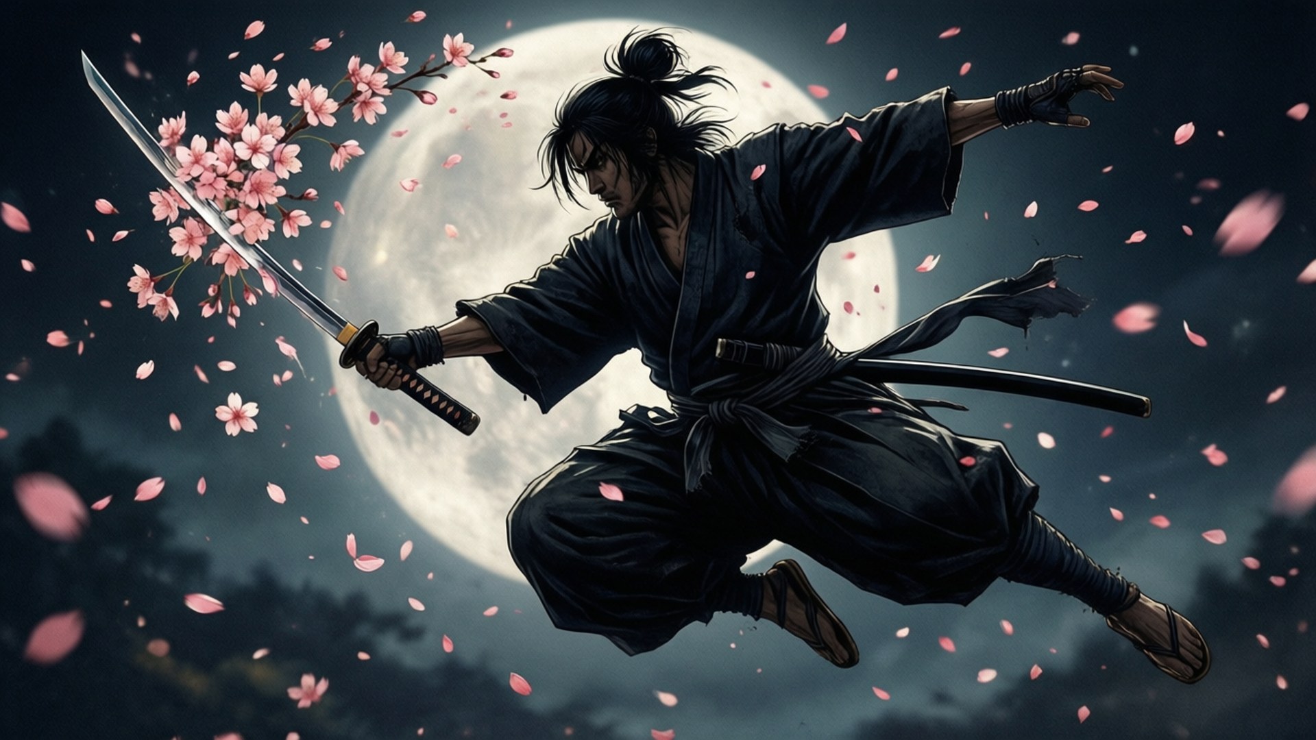 武士戰士在滿月下於飄落的櫻花中持刀跳躍。