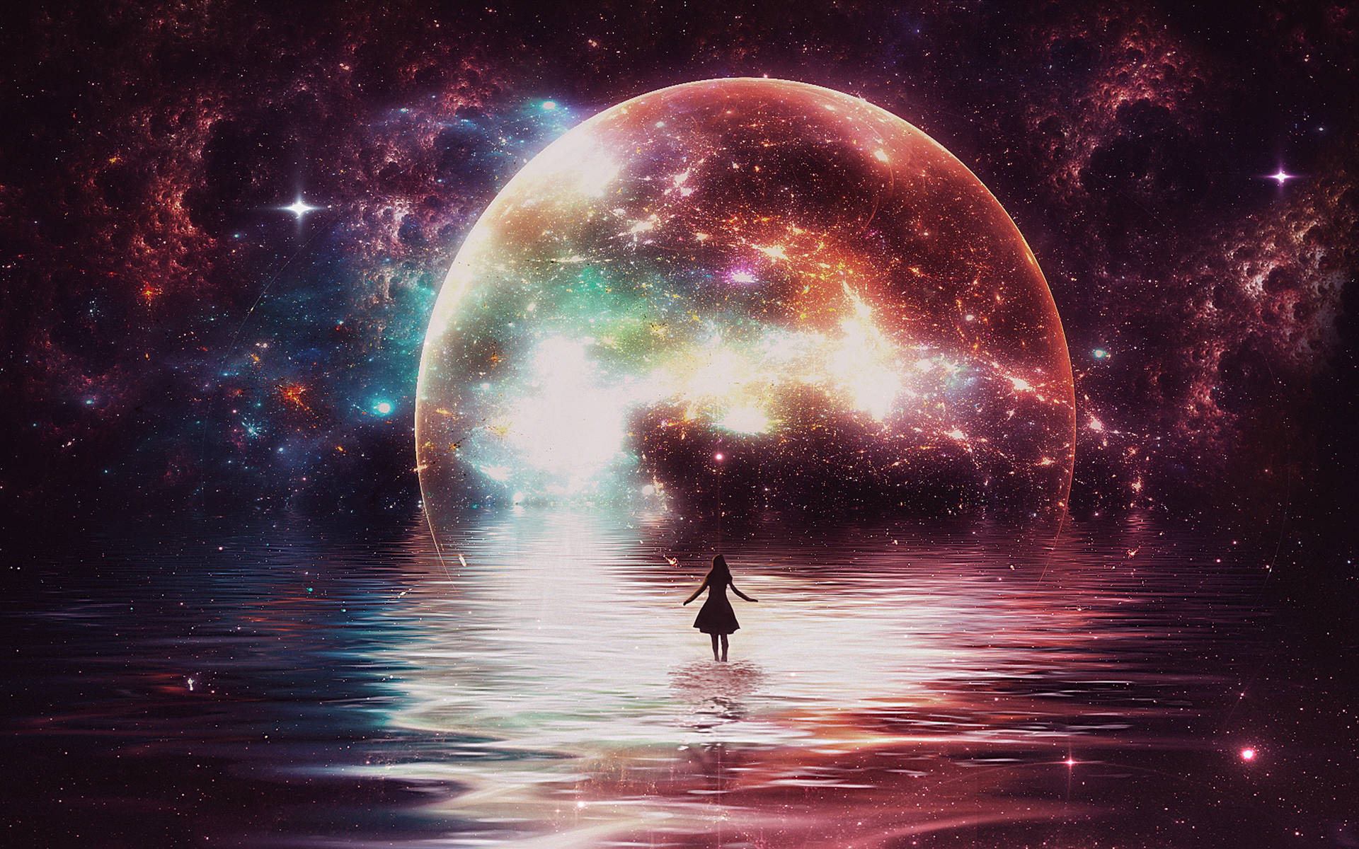 一個人站在星雲中巨大發光行星前的水中的剪影。 — 月亮與星星動畫 壁紙