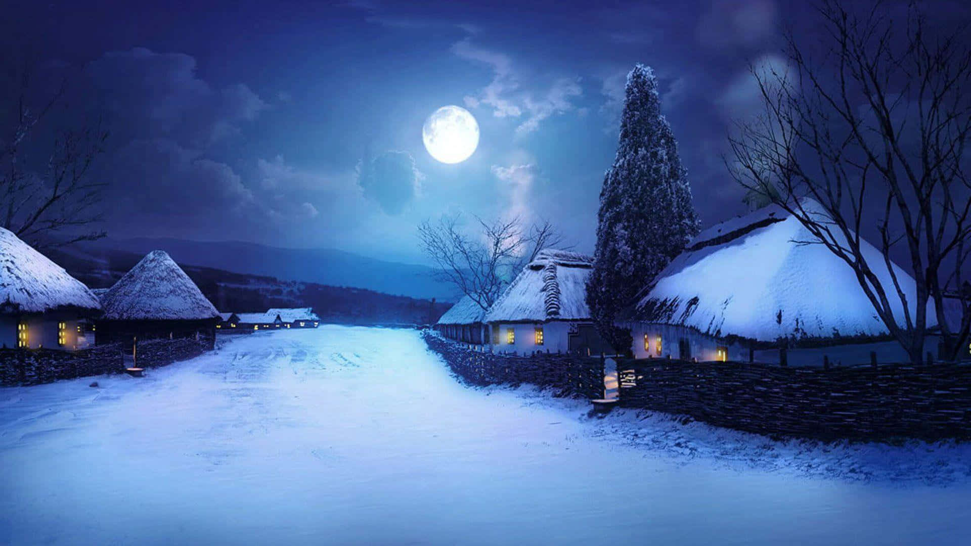 滿月下雪夜村路，發光小屋。