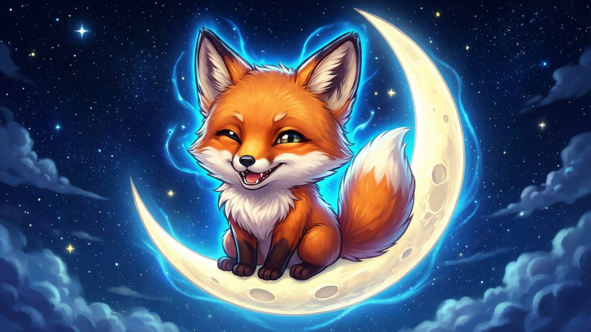 月夜的貓娘阿弧 壁紙 — 一隻快樂的卡通狐狸帶著發光的藍色光環坐在被星星和雲朵包圍的彎月上。