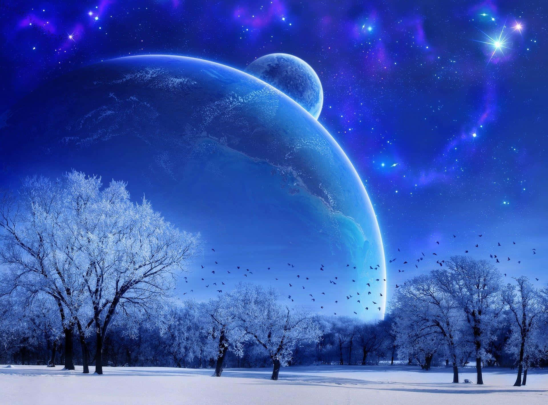 在巨大的發光行星和星空下，結霜的樹木。