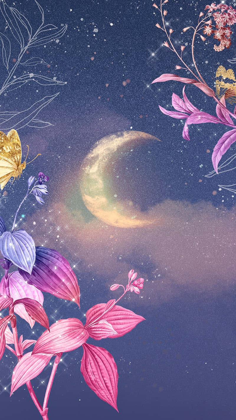 繁星點點的夜空，有彎月和發光的粉紫色花朵及金色蝴蝶。
