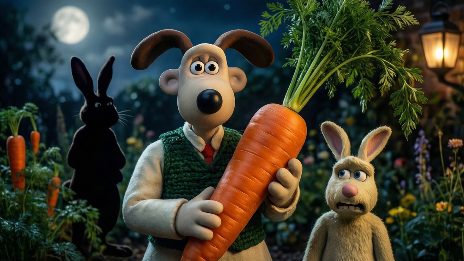Gromit 拿著一根巨大的胡蘿蔔，一隻兔子在月光下驚訝地看著。