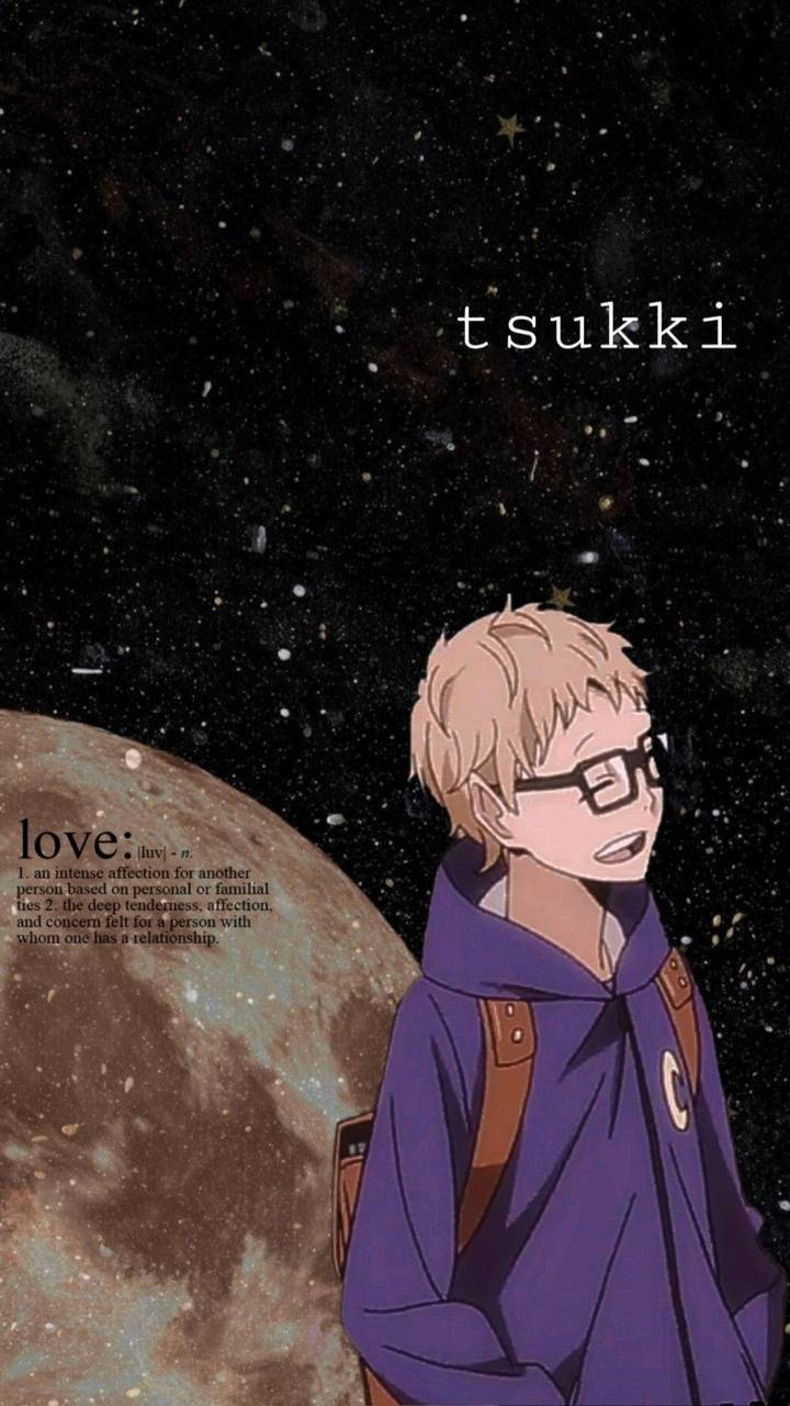 月島 Kei 星空月愛 壁紙 — 一個戴眼鏡的金髮動漫男孩，穿著紫色連帽衫，站在星空宇宙背景前，背景有大月亮和文字疊加。