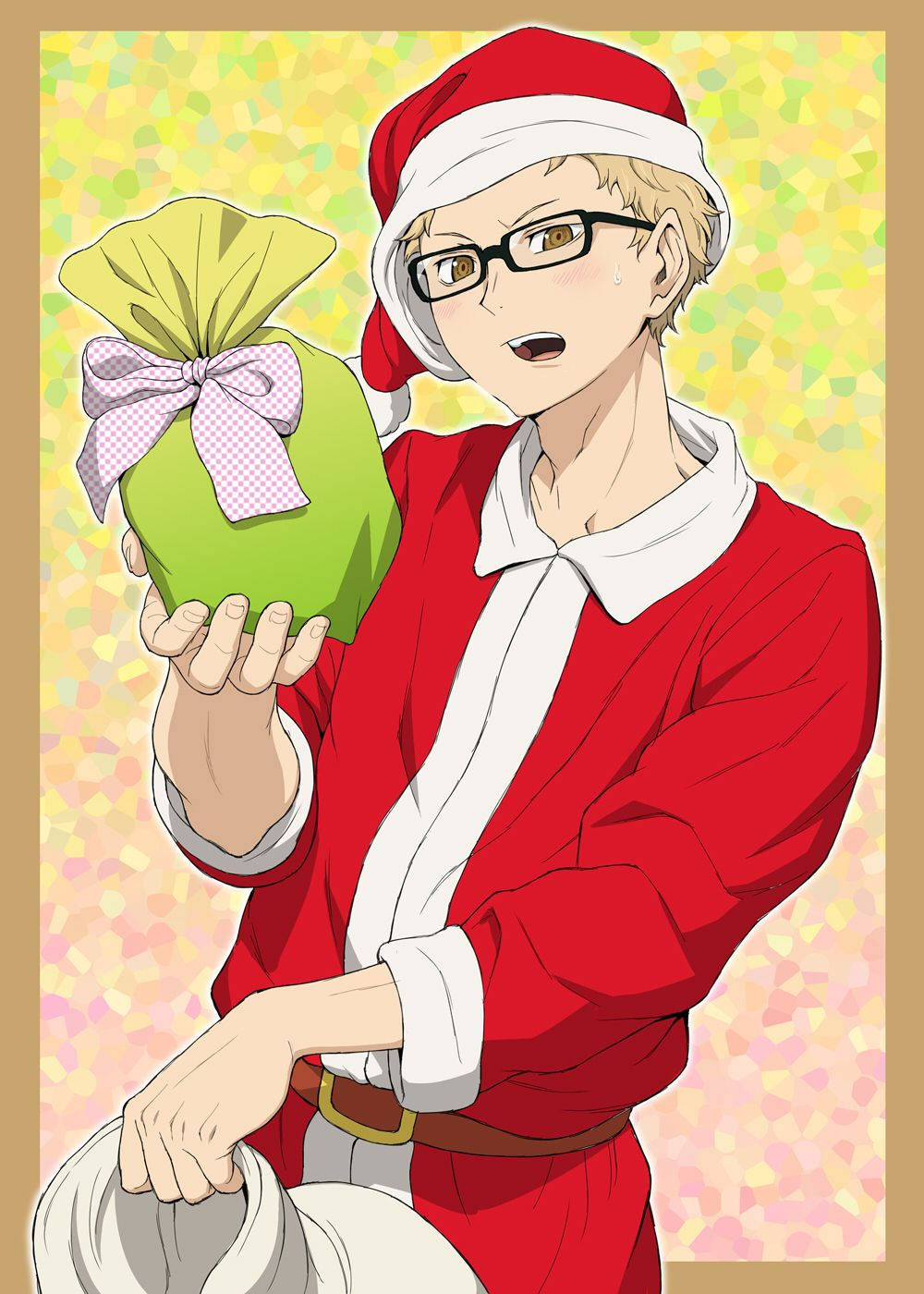 月島 Kei 聖誕老人造型 壁紙 — 一個開心的動畫男孩穿著紅色聖誕老人服裝，拿著一個用粉紅色蝴蝶結包裝的綠色禮物，背景是閃閃發光的黃色。